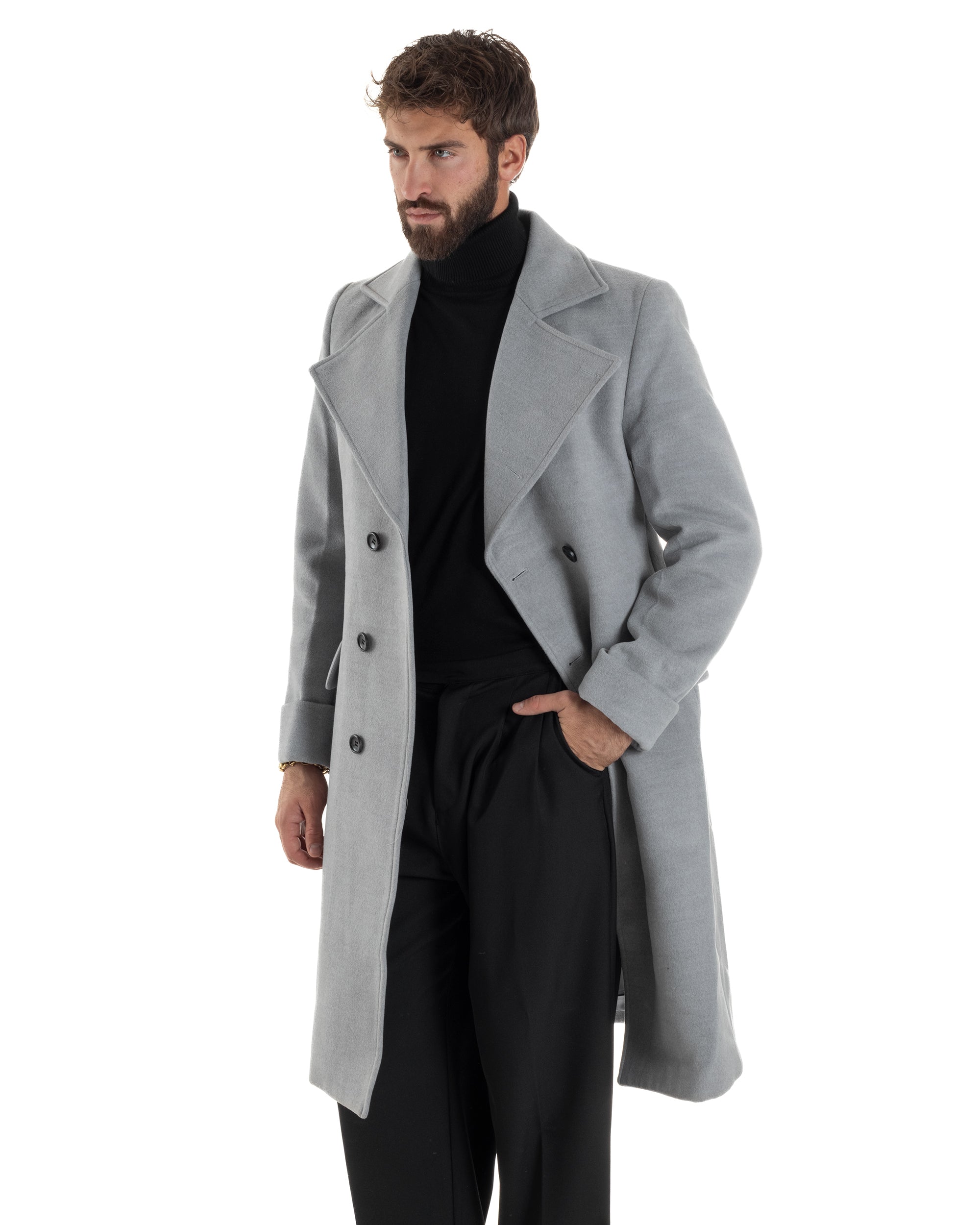 Cappotto Uomo Doppiopetto Lungo Revers A Lancia Tessuto Panno Tinta Unita Grigio CO1084A