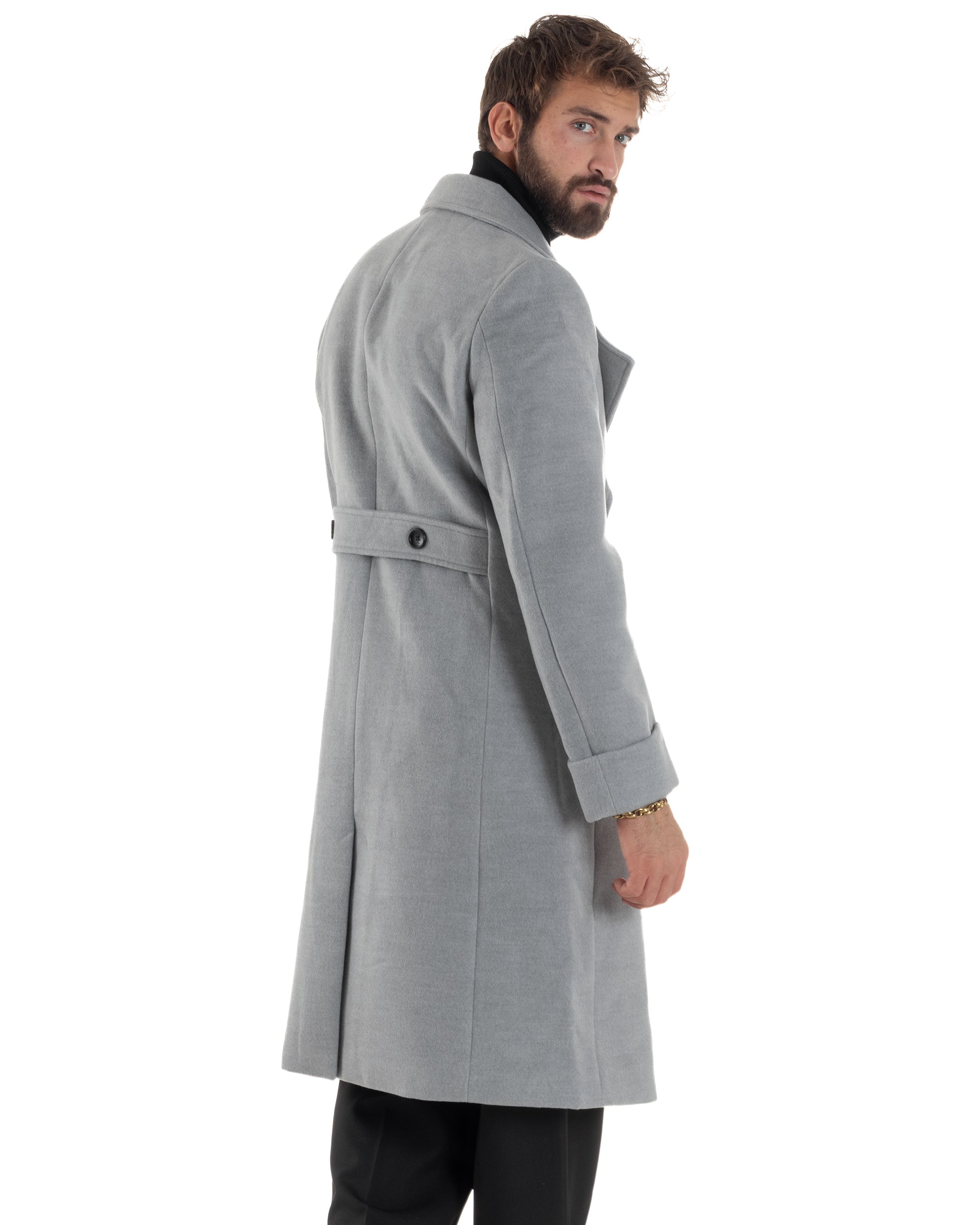 Cappotto Uomo Doppiopetto Lungo Revers A Lancia Tessuto Panno Tinta Unita Grigio CO1084A