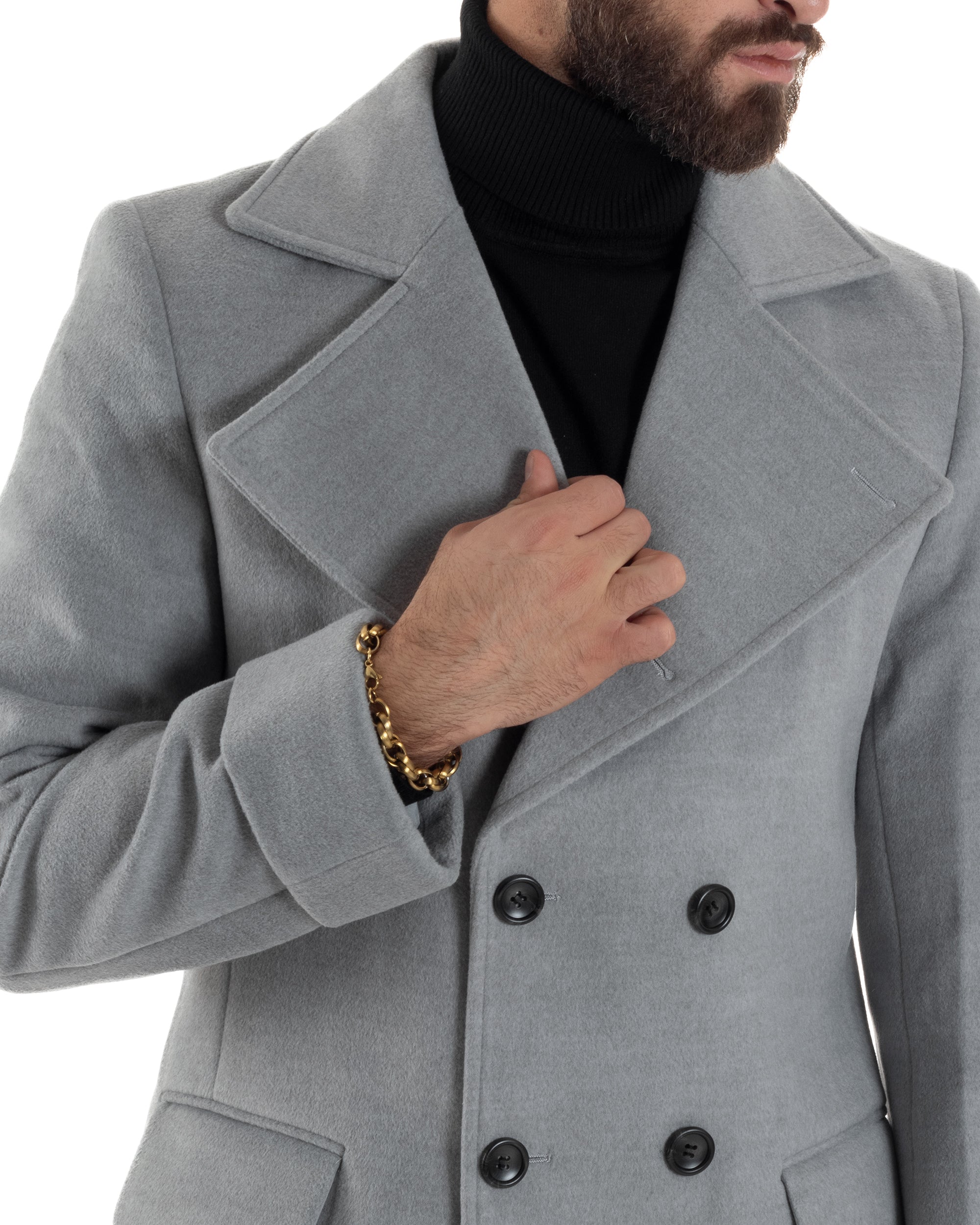 Cappotto Uomo Doppiopetto Lungo Revers A Lancia Tessuto Panno Tinta Unita Grigio CO1084A