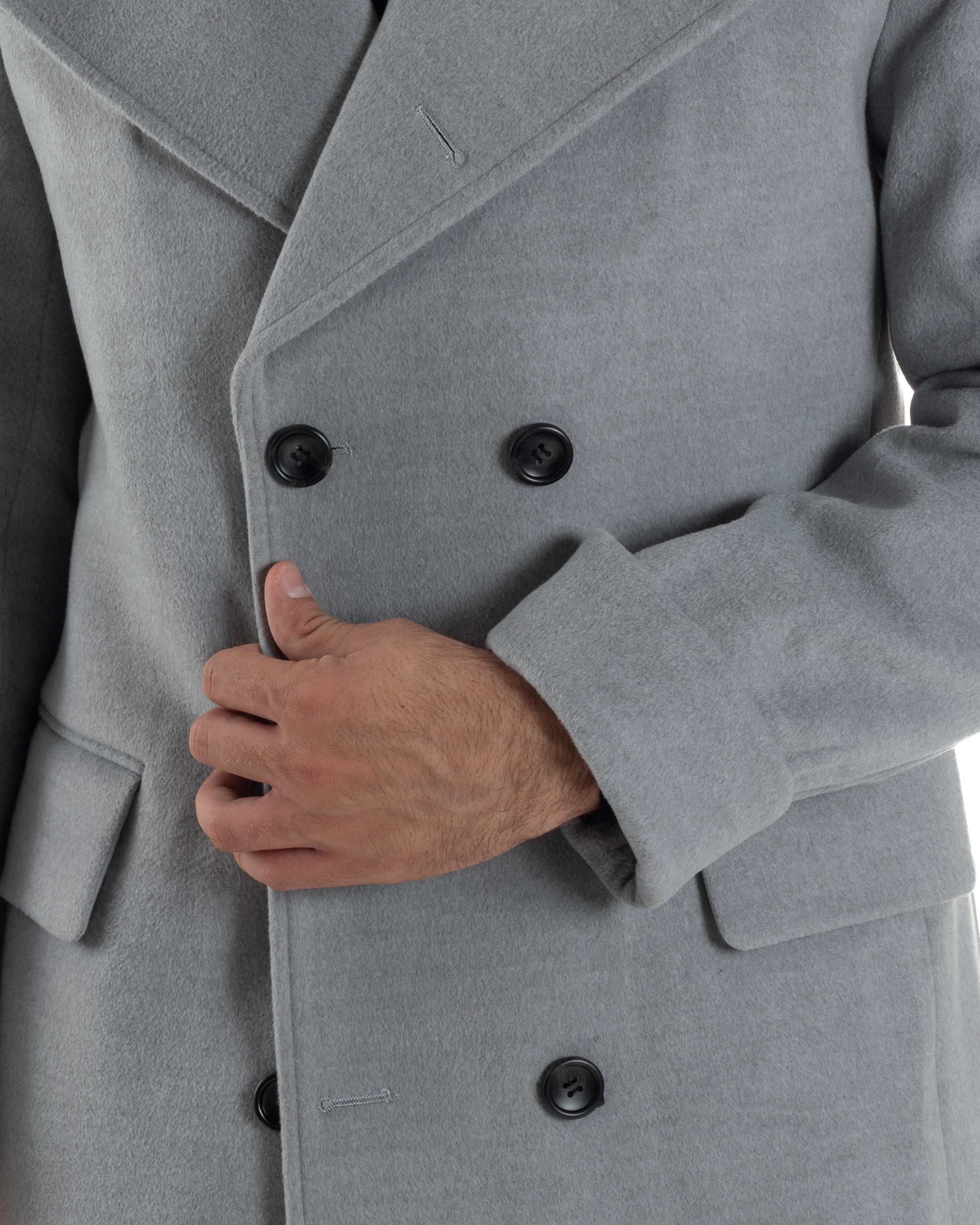 Cappotto Uomo Doppiopetto Lungo Revers A Lancia Tessuto Panno Tinta Unita Grigio CO1084A