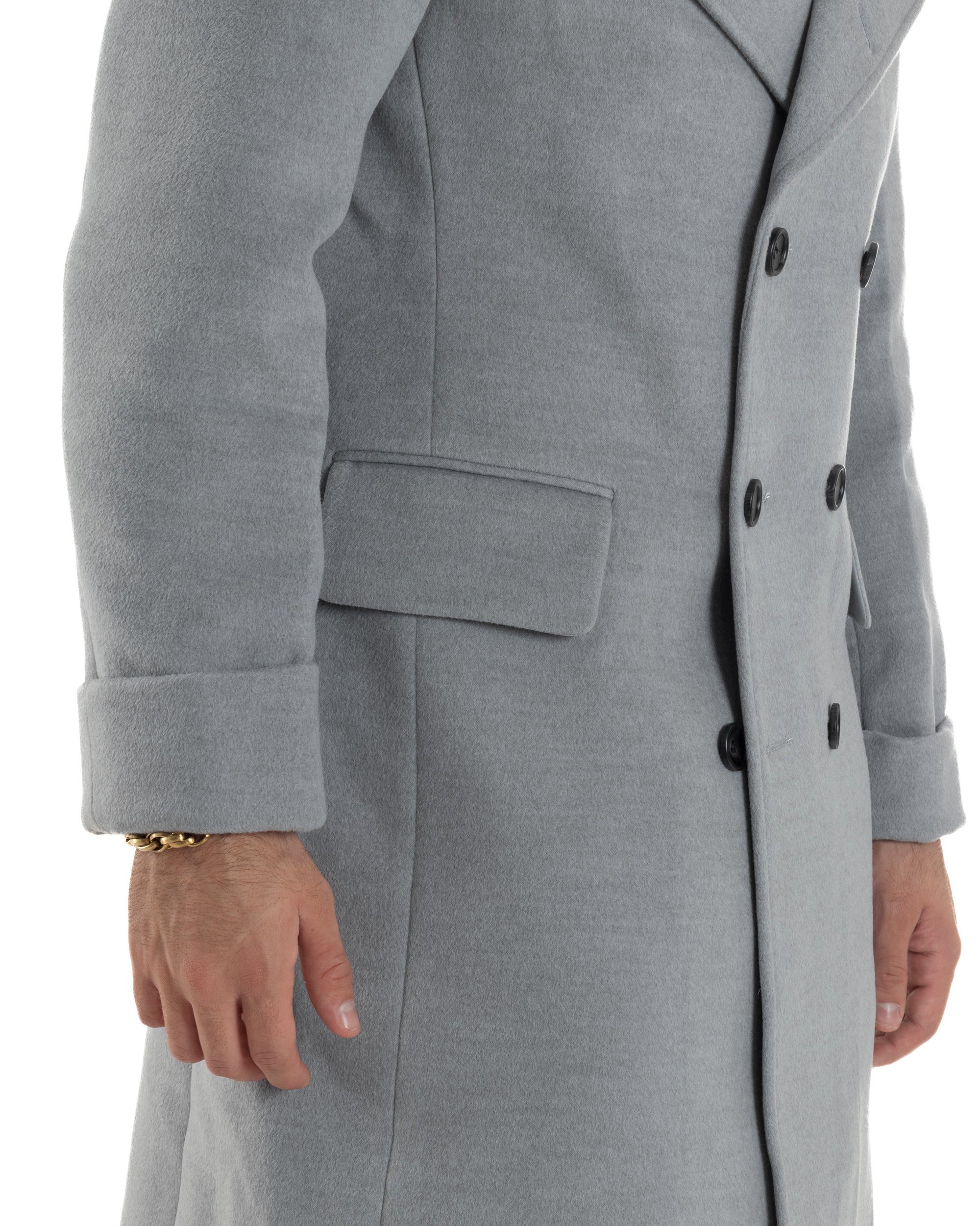 Cappotto Uomo Doppiopetto Lungo Revers A Lancia Tessuto Panno Tinta Unita Grigio CO1084A