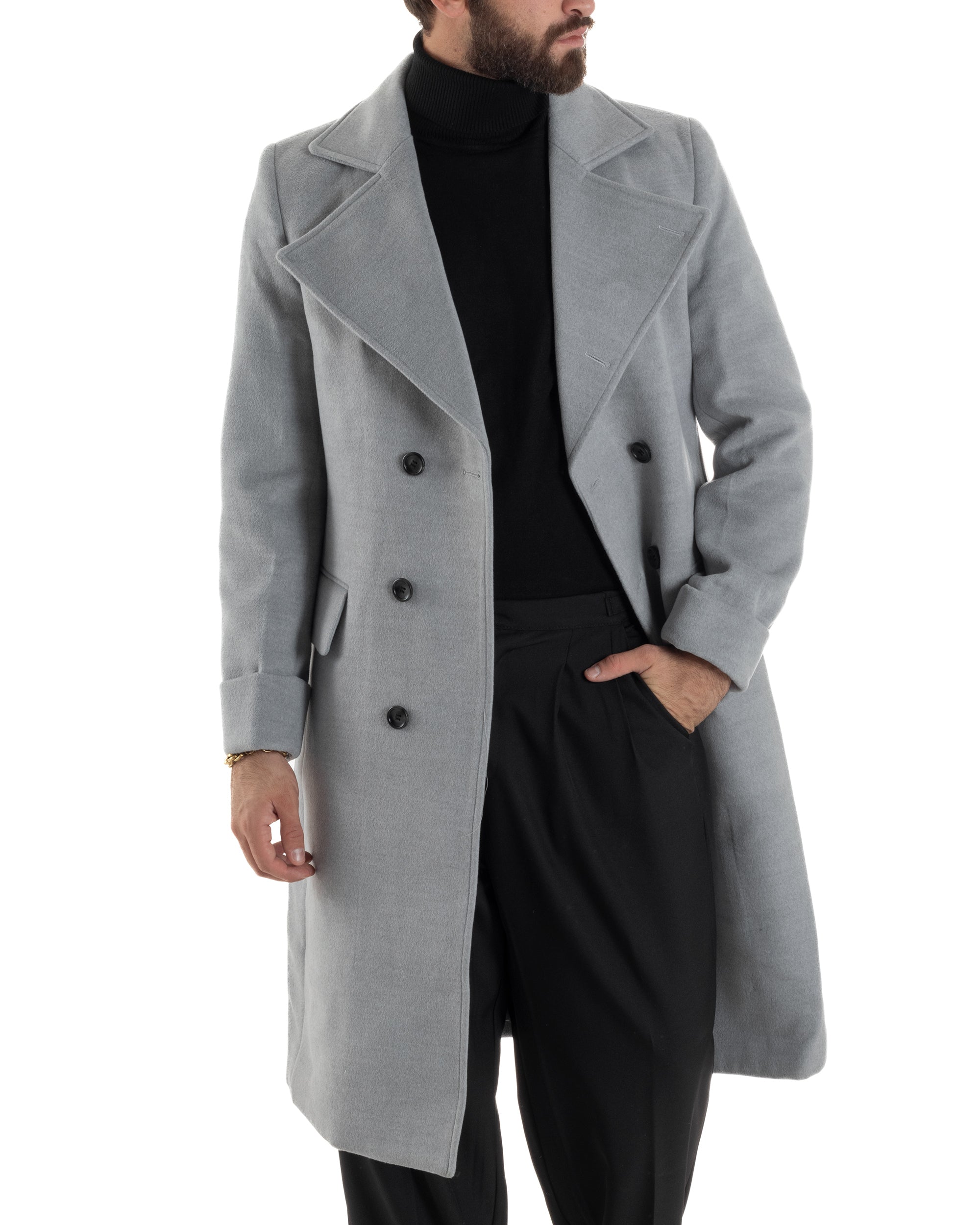 Cappotto Uomo Doppiopetto Lungo Revers A Lancia Tessuto Panno Tinta Unita Grigio CO1084A