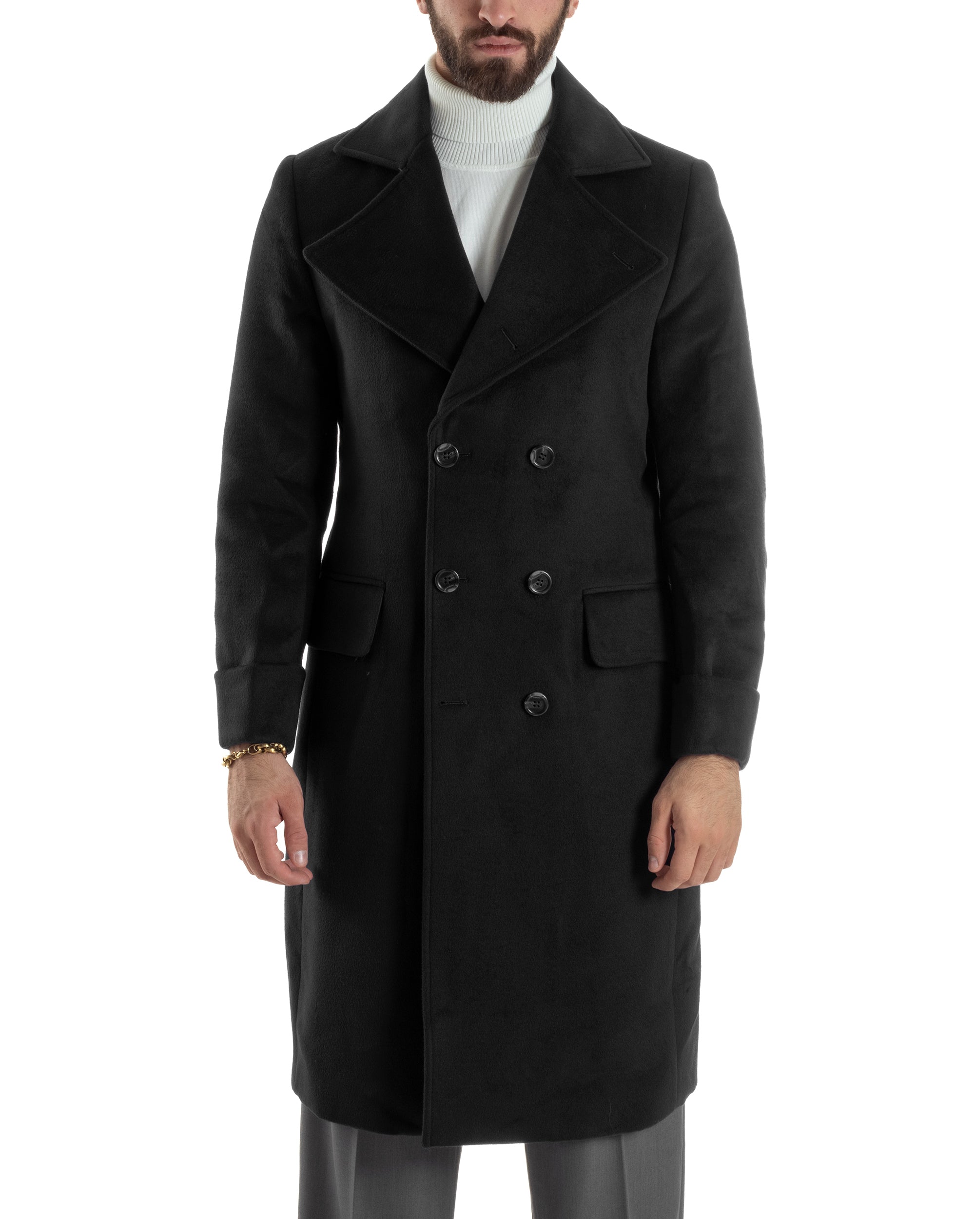 Cappotto Uomo Doppiopetto Lungo Revers A Lancia Tessuto Panno Tinta Unita Nero CO1085A