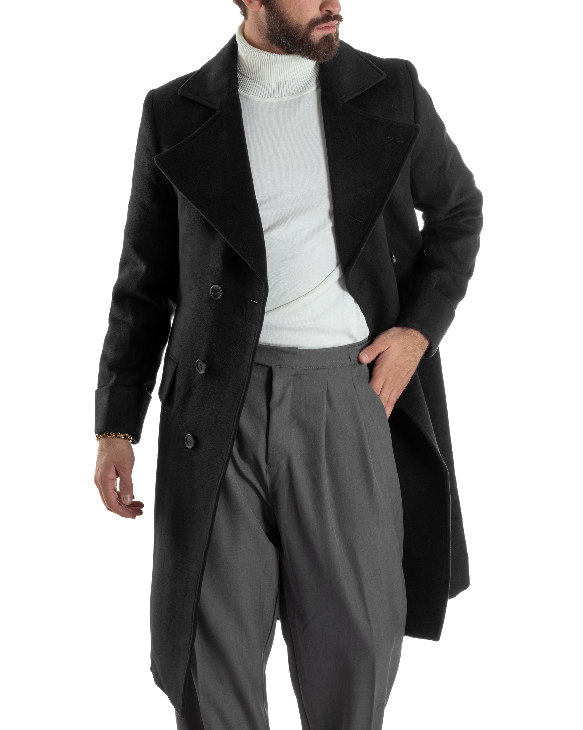 Cappotto Uomo Doppiopetto Lungo Revers A Lancia Tessuto Panno Tinta Unita Nero CO1085A