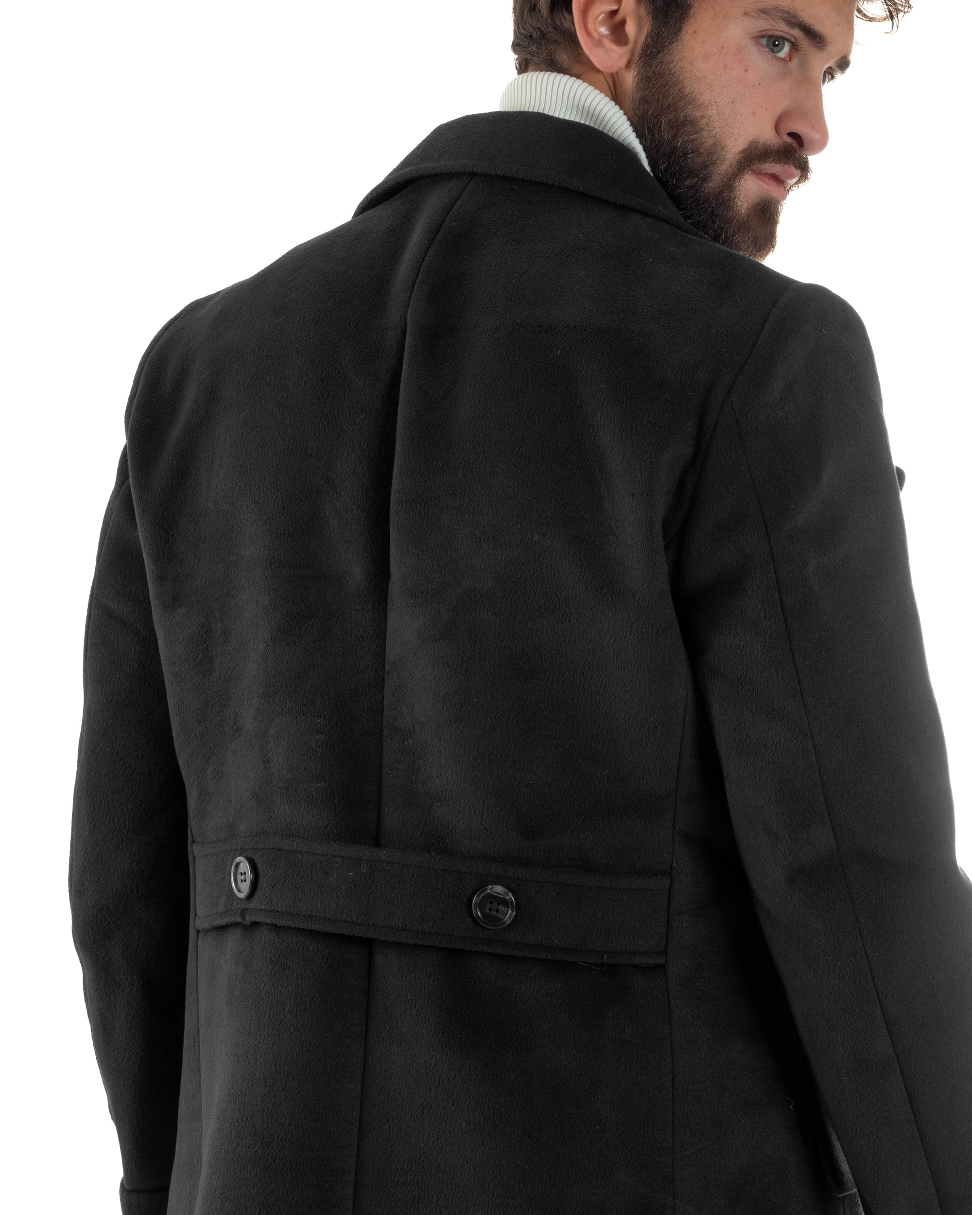 Cappotto Uomo Doppiopetto Lungo Revers A Lancia Tessuto Panno Tinta Unita Nero CO1085A