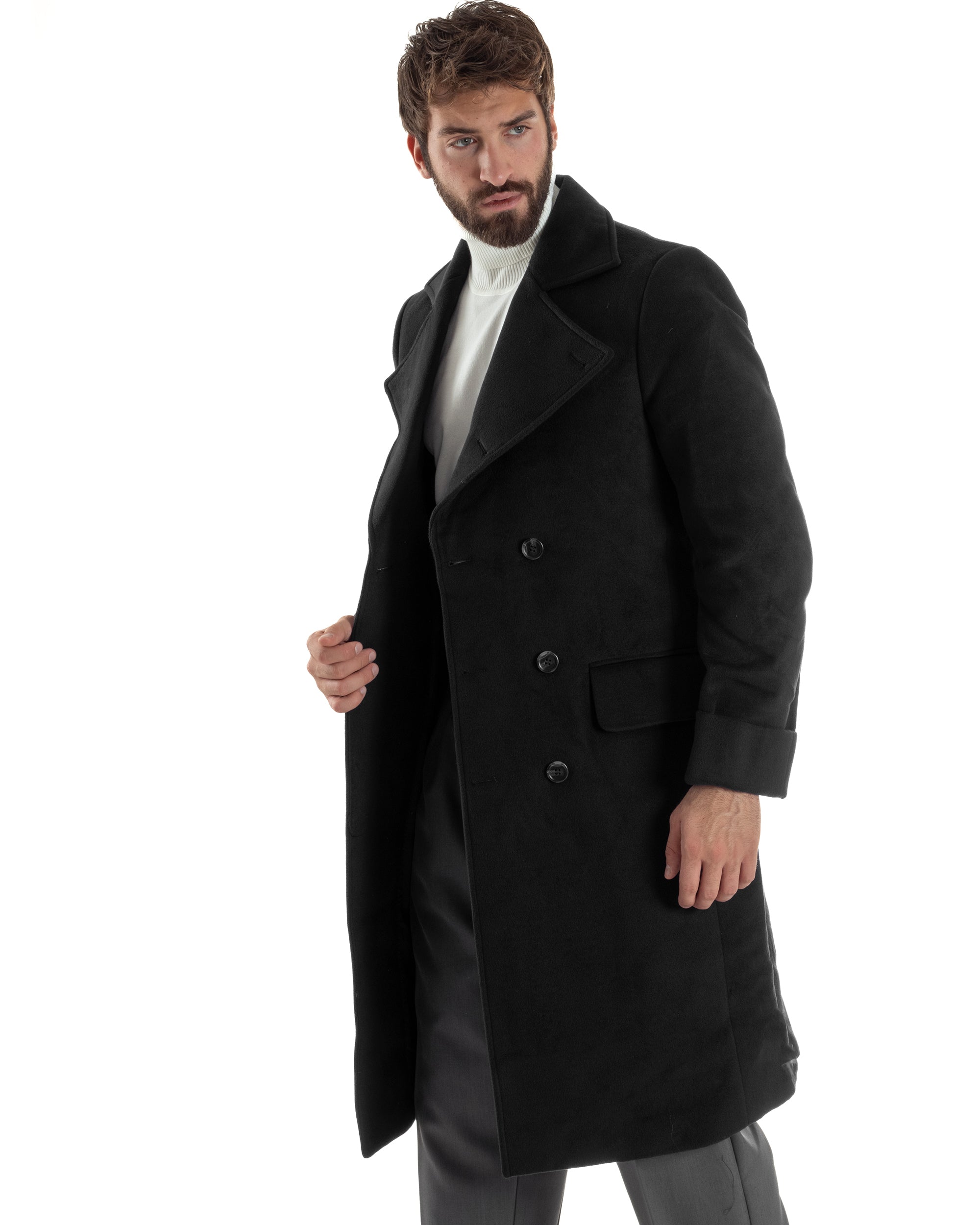 Cappotto Uomo Doppiopetto Lungo Revers A Lancia Tessuto Panno Tinta Unita Nero CO1085A