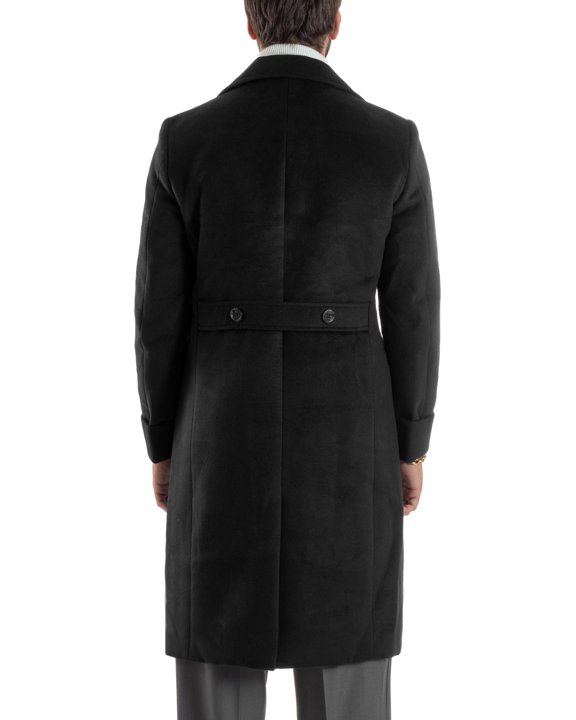 Cappotto Uomo Doppiopetto Lungo Revers A Lancia Tessuto Panno Tinta Unita Nero CO1085A