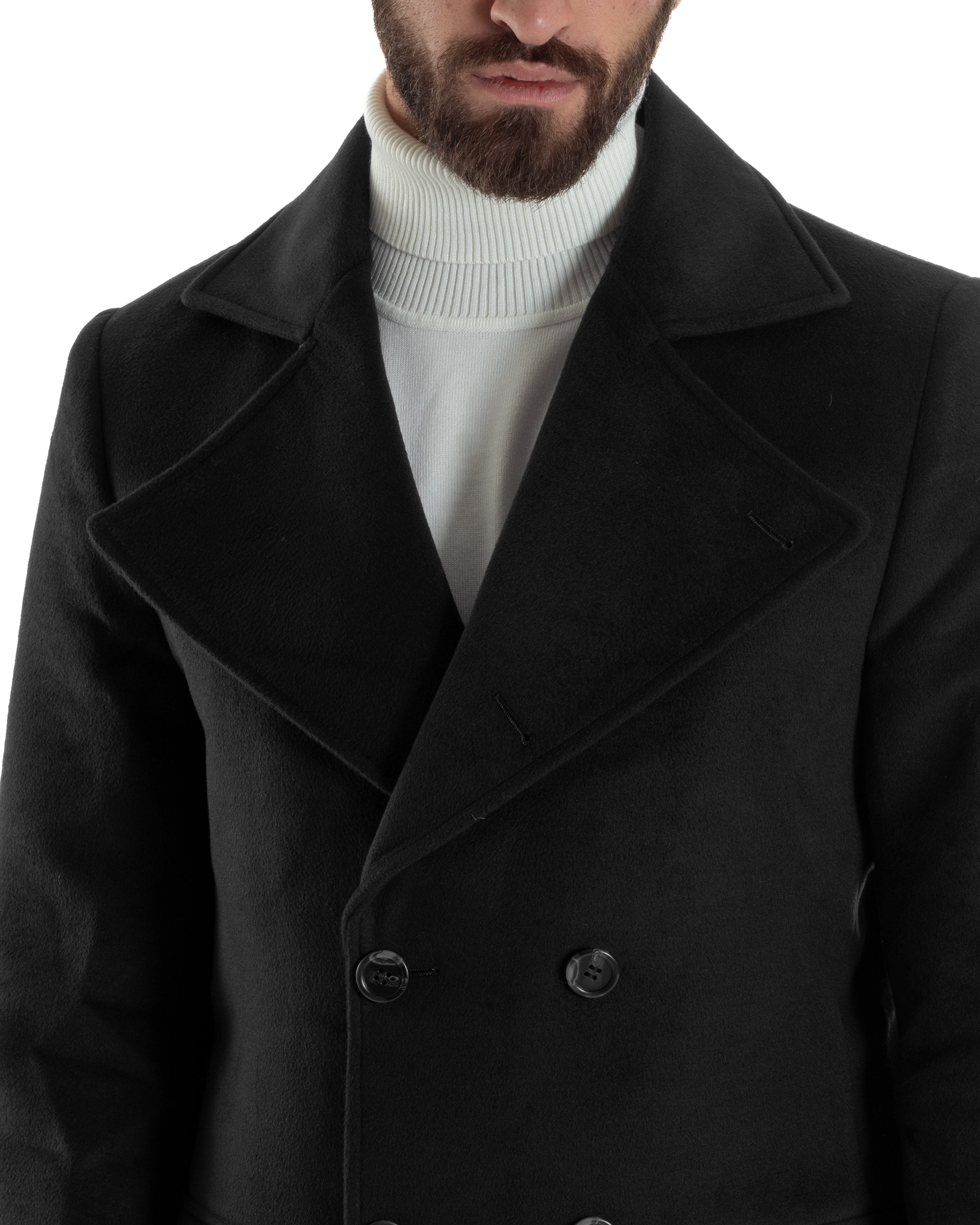 Cappotto Uomo Doppiopetto Lungo Revers A Lancia Tessuto Panno Tinta Unita Nero CO1085A