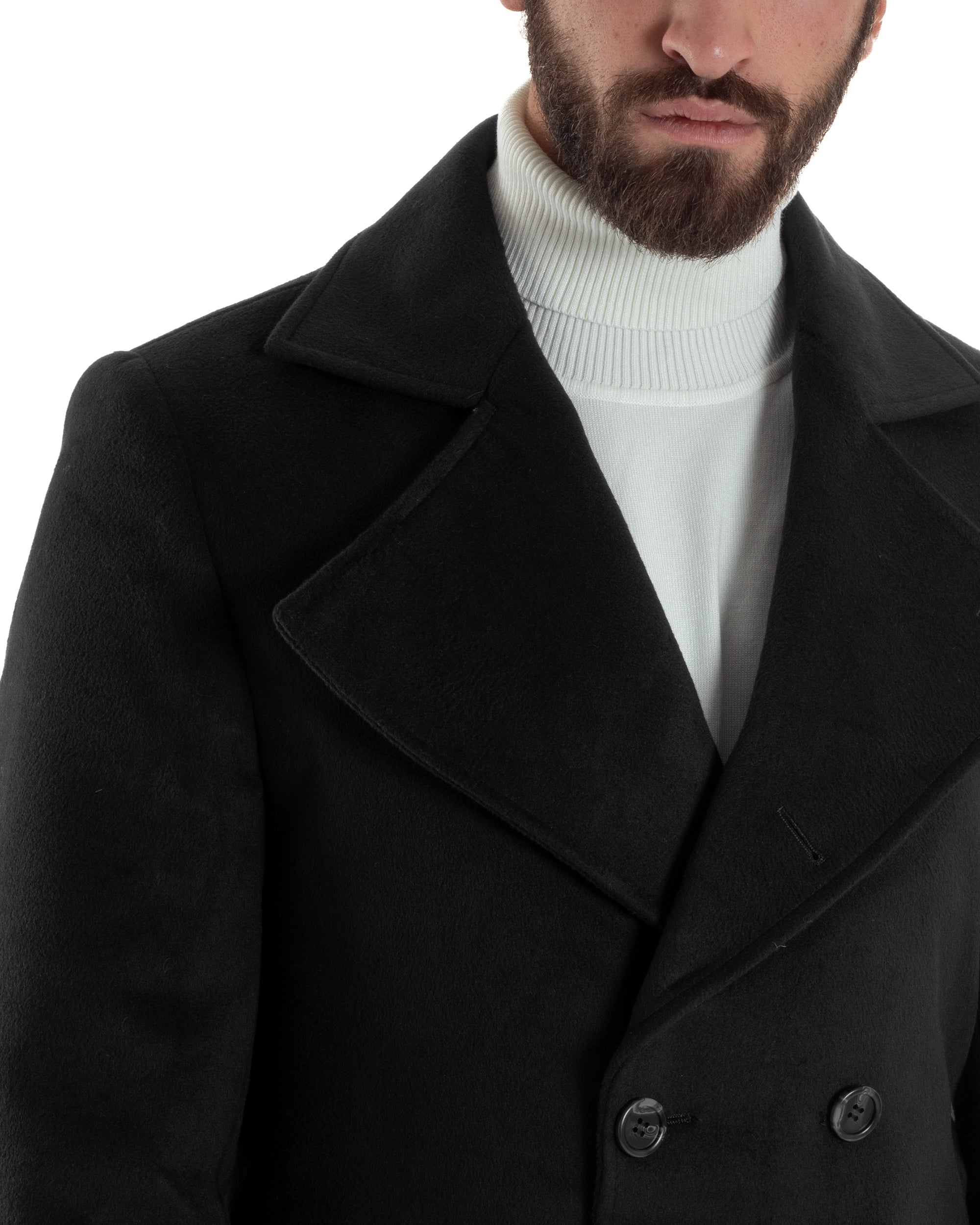 Cappotto Uomo Doppiopetto Lungo Revers A Lancia Tessuto Panno Tinta Unita Nero CO1085A