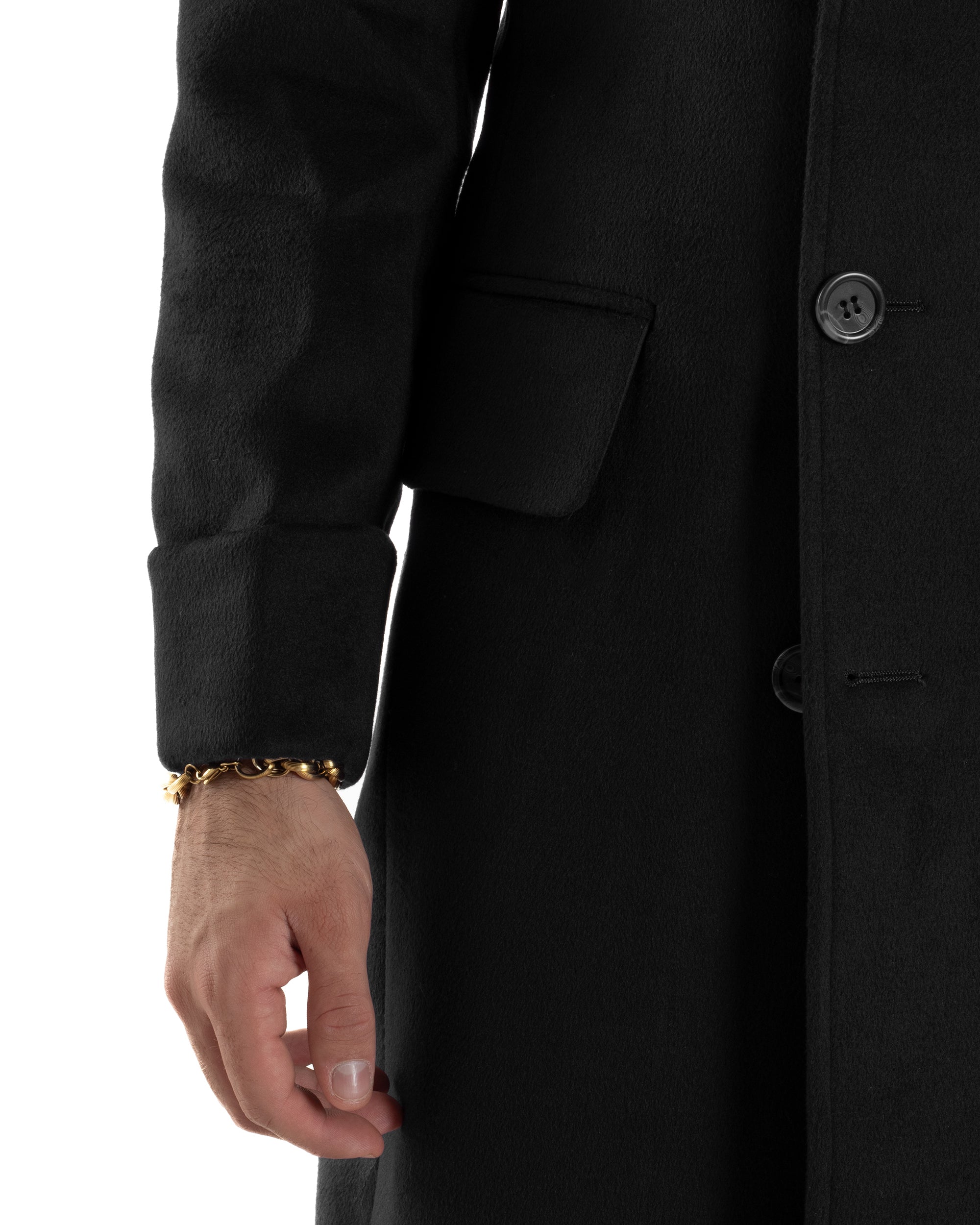 Cappotto Uomo Doppiopetto Lungo Revers A Lancia Tessuto Panno Tinta Unita Nero CO1085A