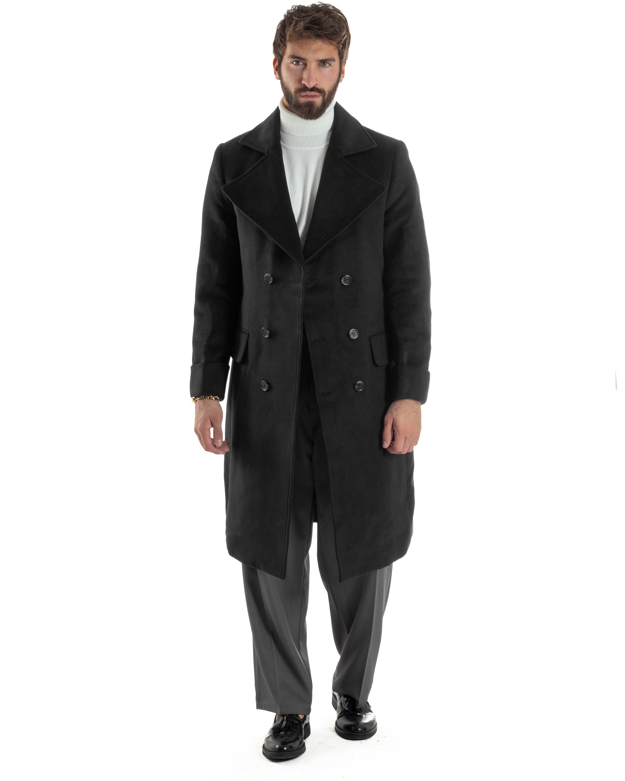 Cappotto Uomo Doppiopetto Lungo Revers A Lancia Tessuto Panno Tinta Unita Nero CO1085A