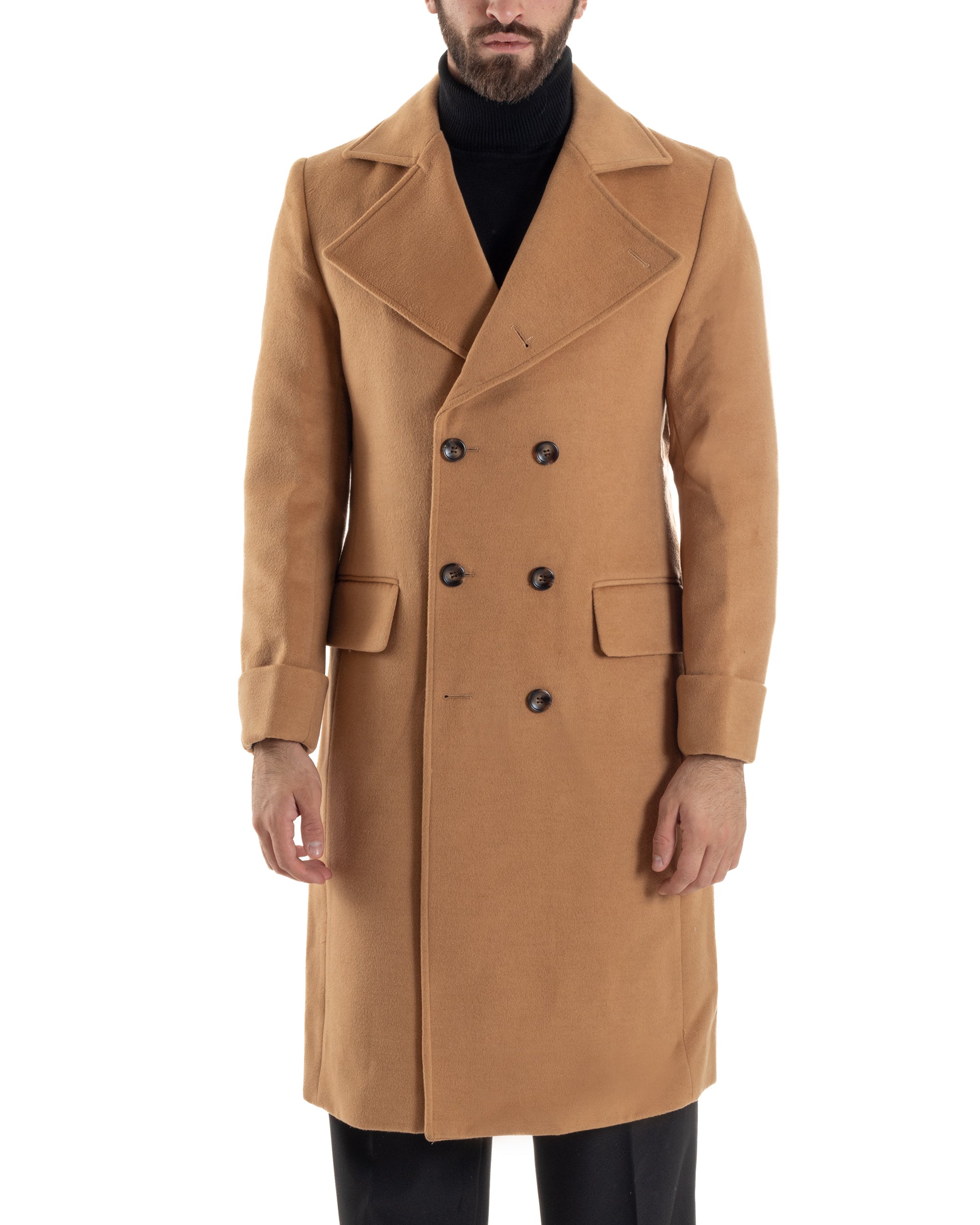 Cappotto Uomo Doppiopetto Lungo Revers A Lancia Tessuto Panno Tinta Unita Camel CO1086A