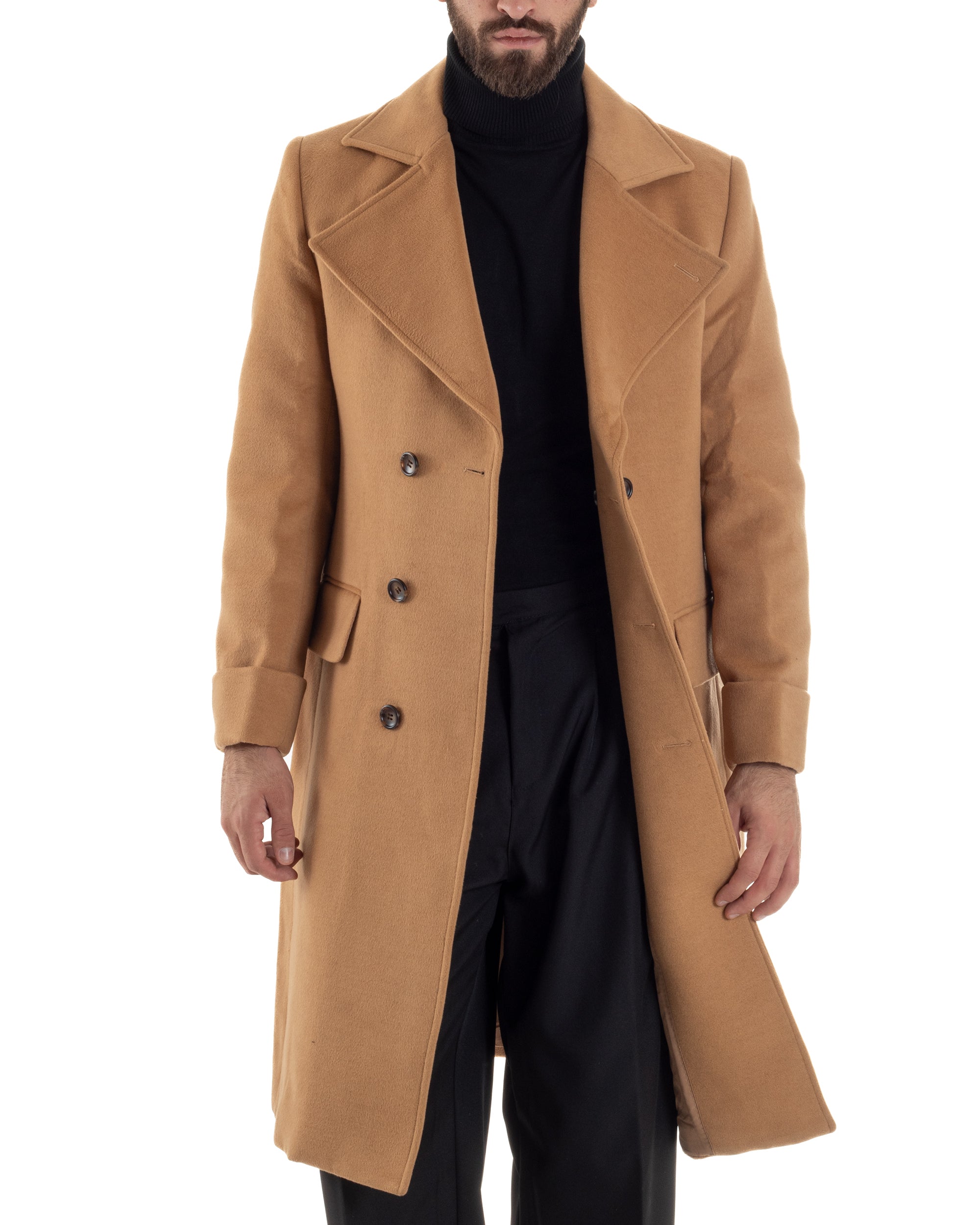 Cappotto Uomo Doppiopetto Lungo Revers A Lancia Tessuto Panno Tinta Unita Camel CO1086A