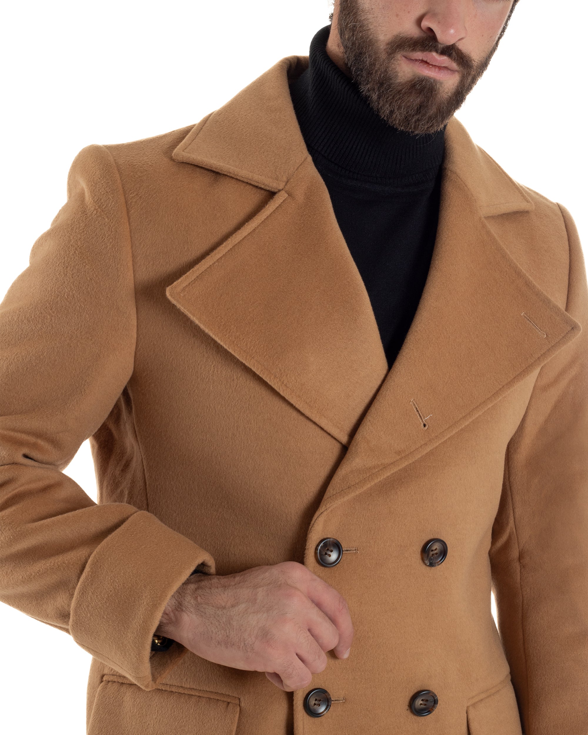 Cappotto Uomo Doppiopetto Lungo Revers A Lancia Tessuto Panno Tinta Unita Camel CO1086A