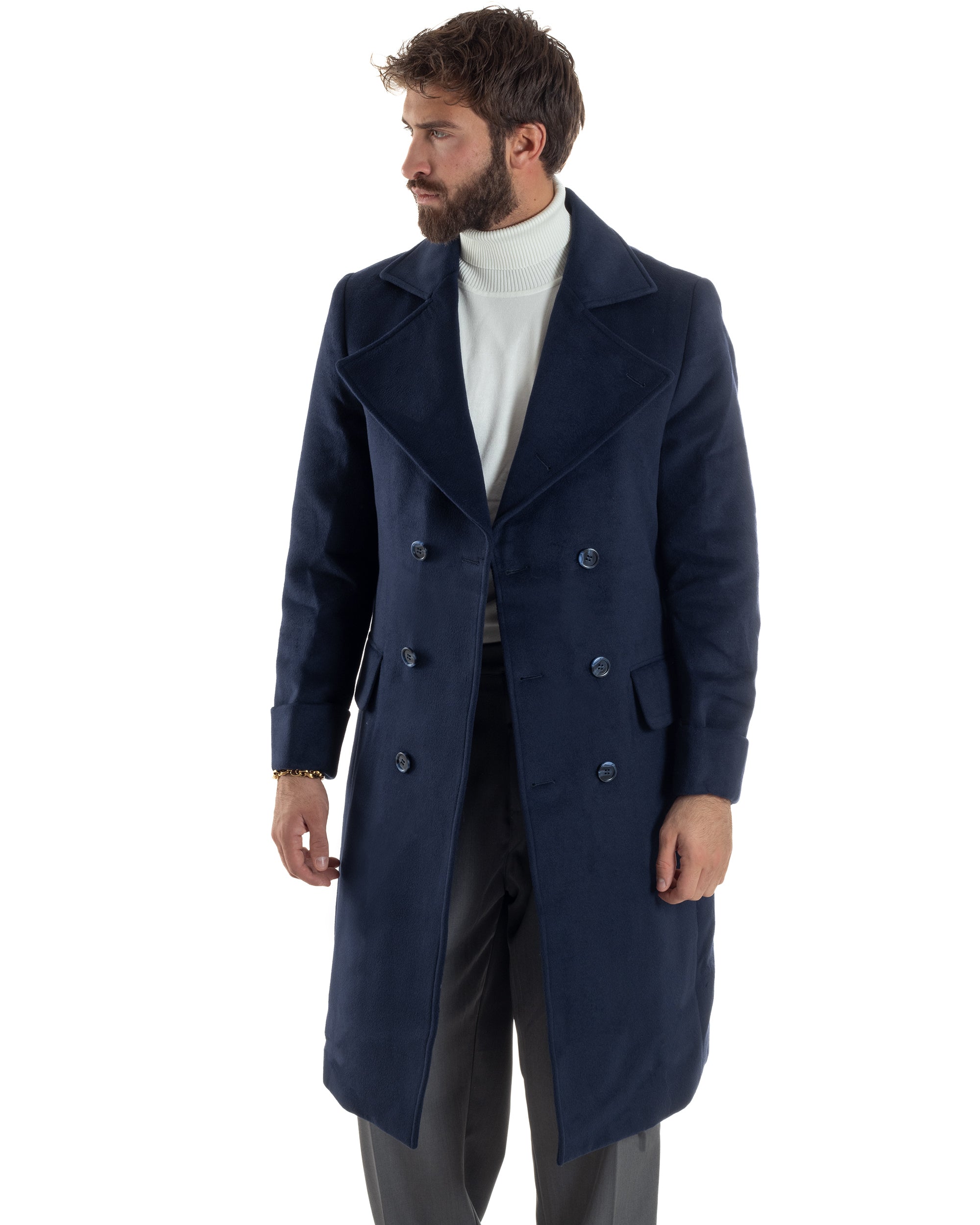 Cappotto Uomo Doppiopetto Lungo Revers A Lancia Tessuto Panno Tinta Unita Blu CO1087A