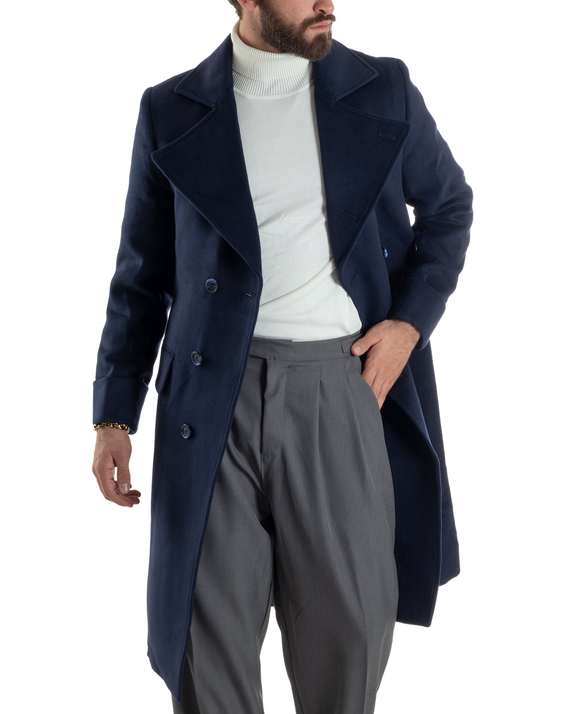 Cappotto Uomo Doppiopetto Lungo Revers A Lancia Tessuto Panno Tinta Unita Blu CO1087A