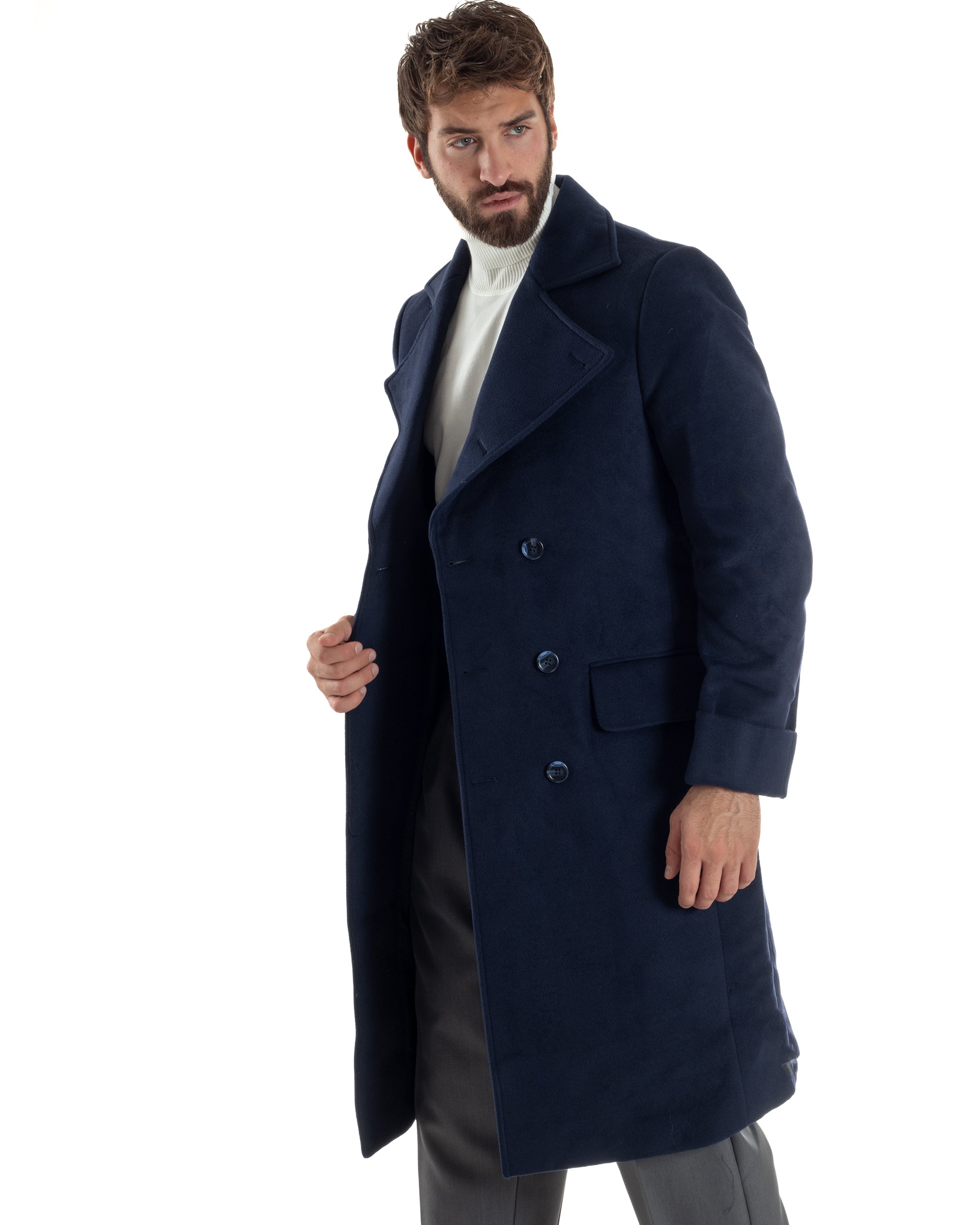 Cappotto Uomo Doppiopetto Lungo Revers A Lancia Tessuto Panno Tinta Unita Blu CO1087A