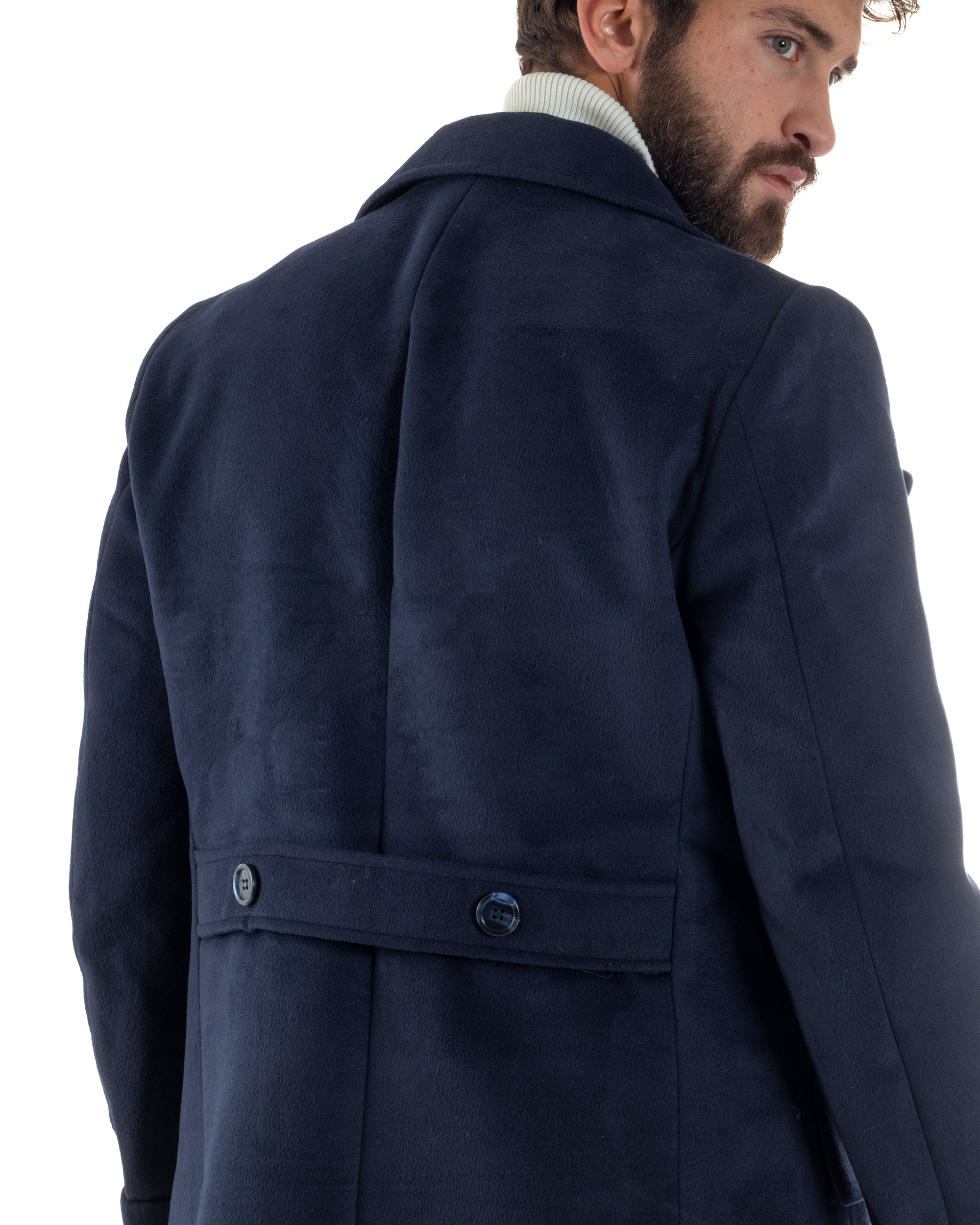 Cappotto Uomo Doppiopetto Lungo Revers A Lancia Tessuto Panno Tinta Unita Blu CO1087A