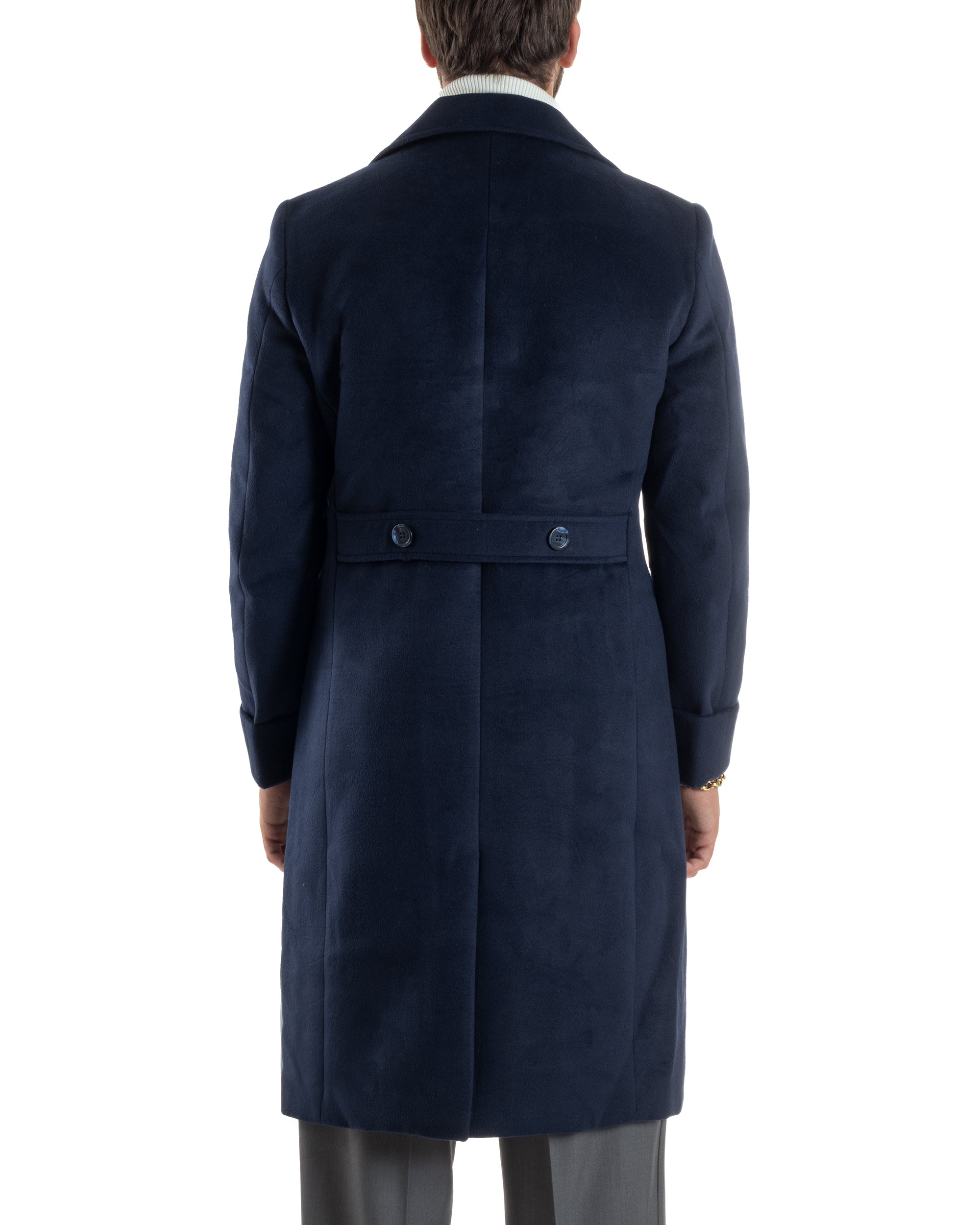 Cappotto Uomo Doppiopetto Lungo Revers A Lancia Tessuto Panno Tinta Unita Blu CO1087A