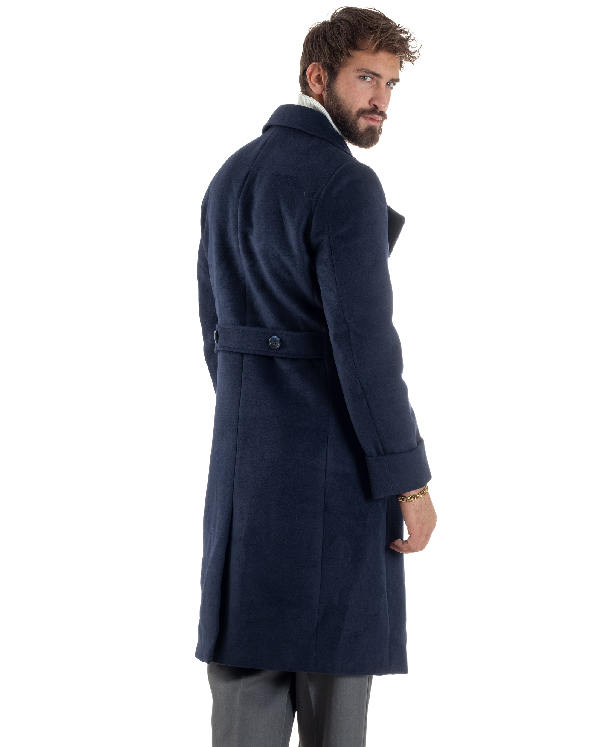 Cappotto Uomo Doppiopetto Lungo Revers A Lancia Tessuto Panno Tinta Unita Blu CO1087A