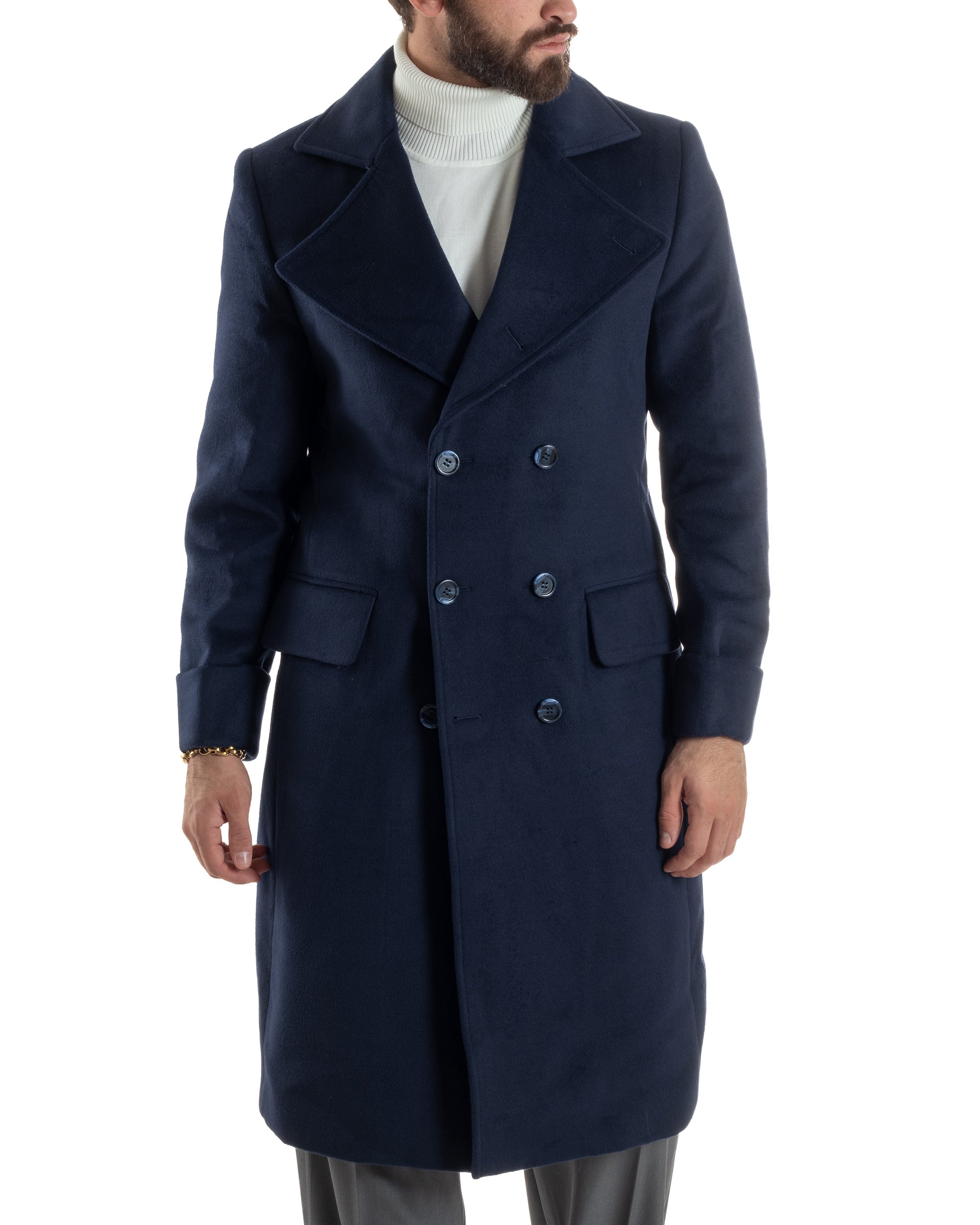 Cappotto Uomo Doppiopetto Lungo Revers A Lancia Tessuto Panno Tinta Unita Blu CO1087A