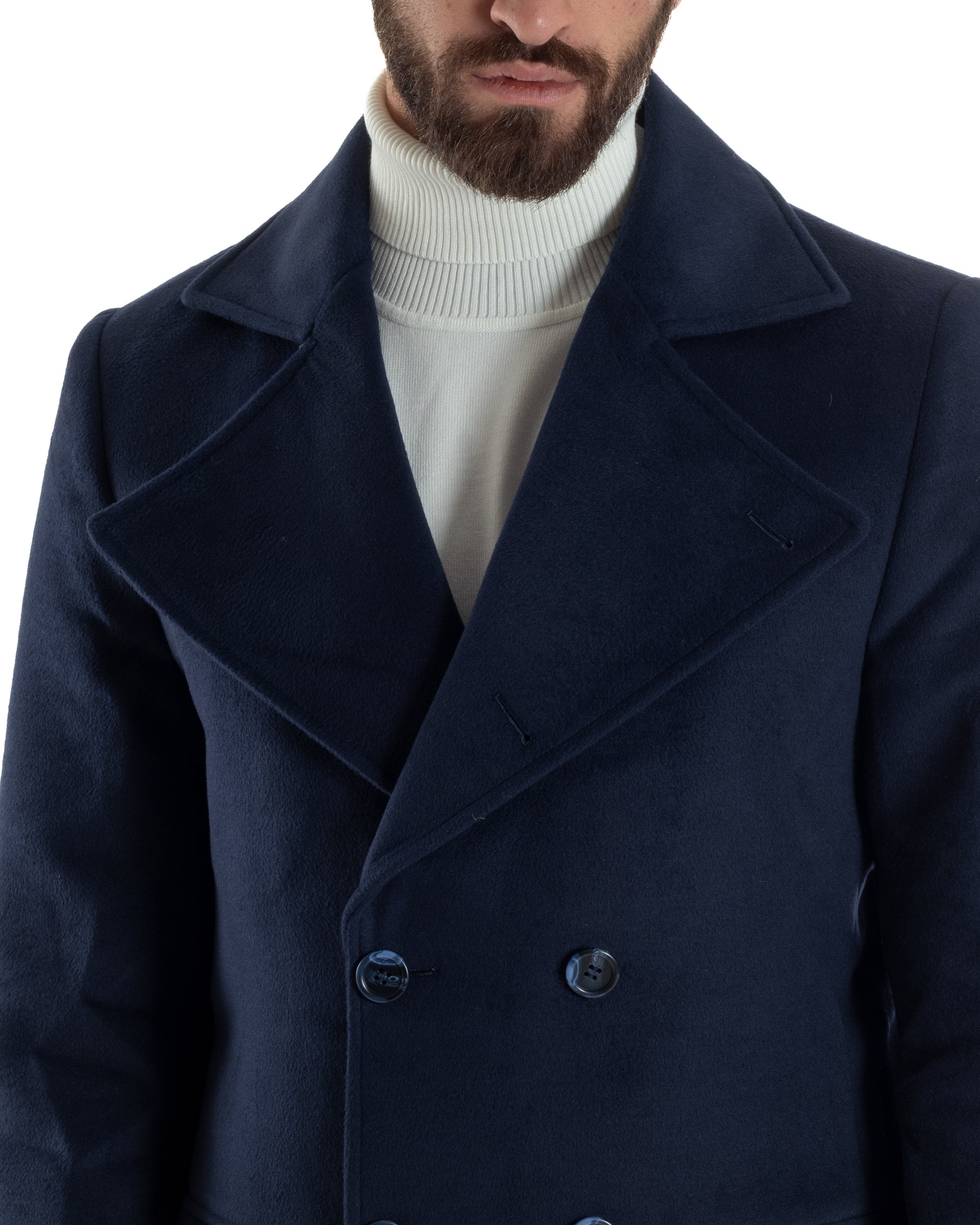 Cappotto Uomo Doppiopetto Lungo Revers A Lancia Tessuto Panno Tinta Unita Blu CO1087A