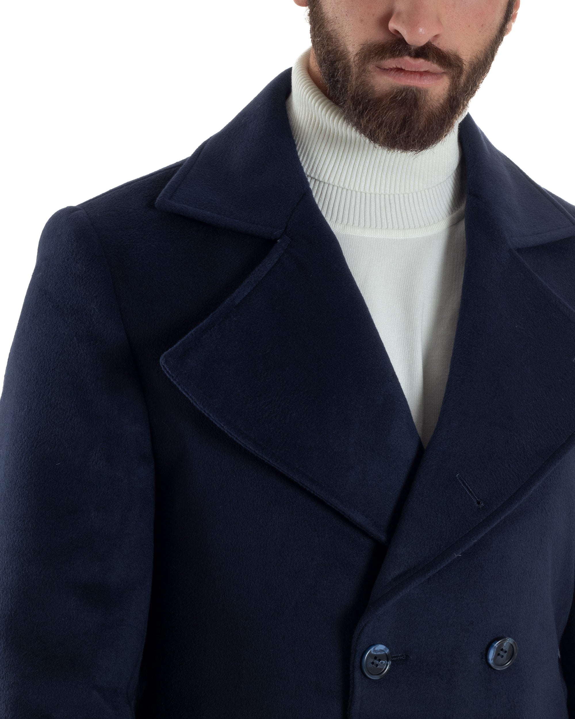 Cappotto Uomo Doppiopetto Lungo Revers A Lancia Tessuto Panno Tinta Unita Blu CO1087A