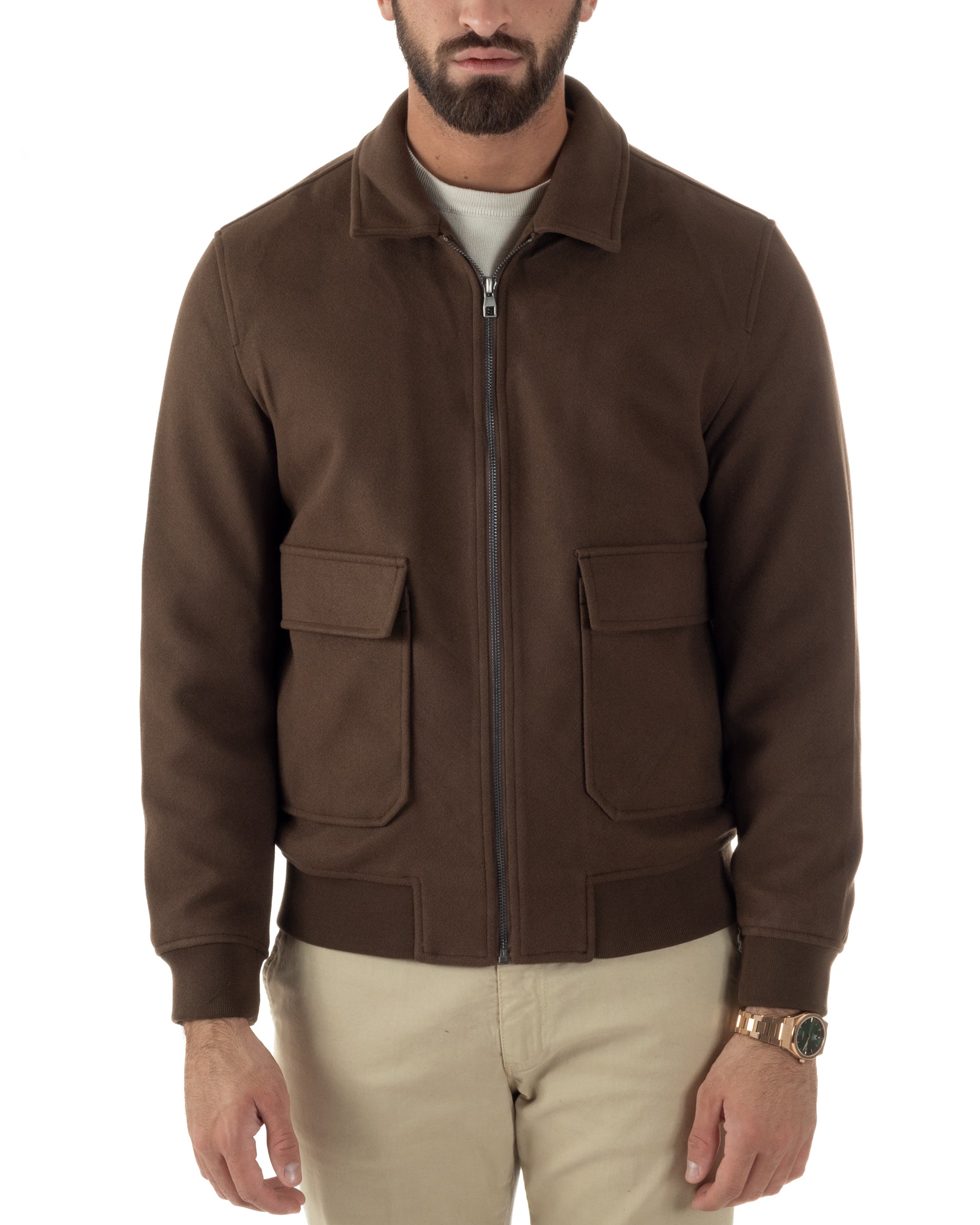 Giubbotto Uomo Zip Colletto Bomber Panno Marrone G3380A