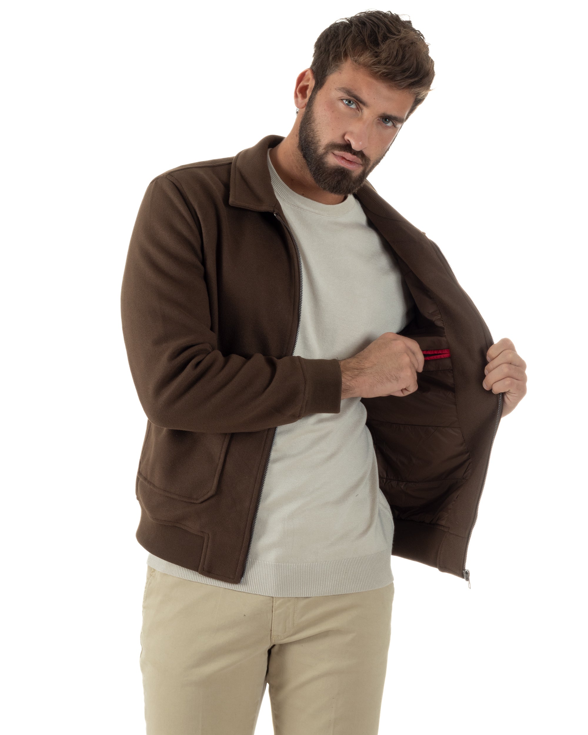 Giubbotto Uomo Zip Colletto Bomber Panno Marrone G3380A