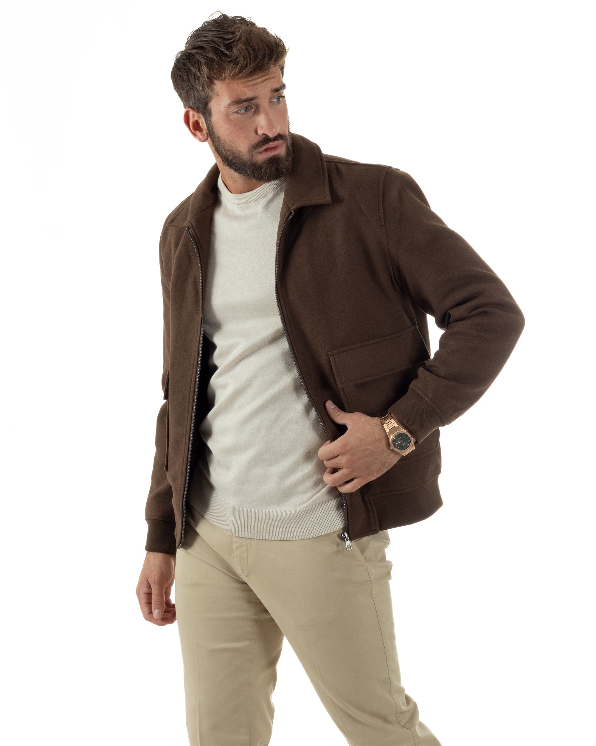 Giubbotto Uomo Zip Colletto Bomber Panno Marrone G3380A