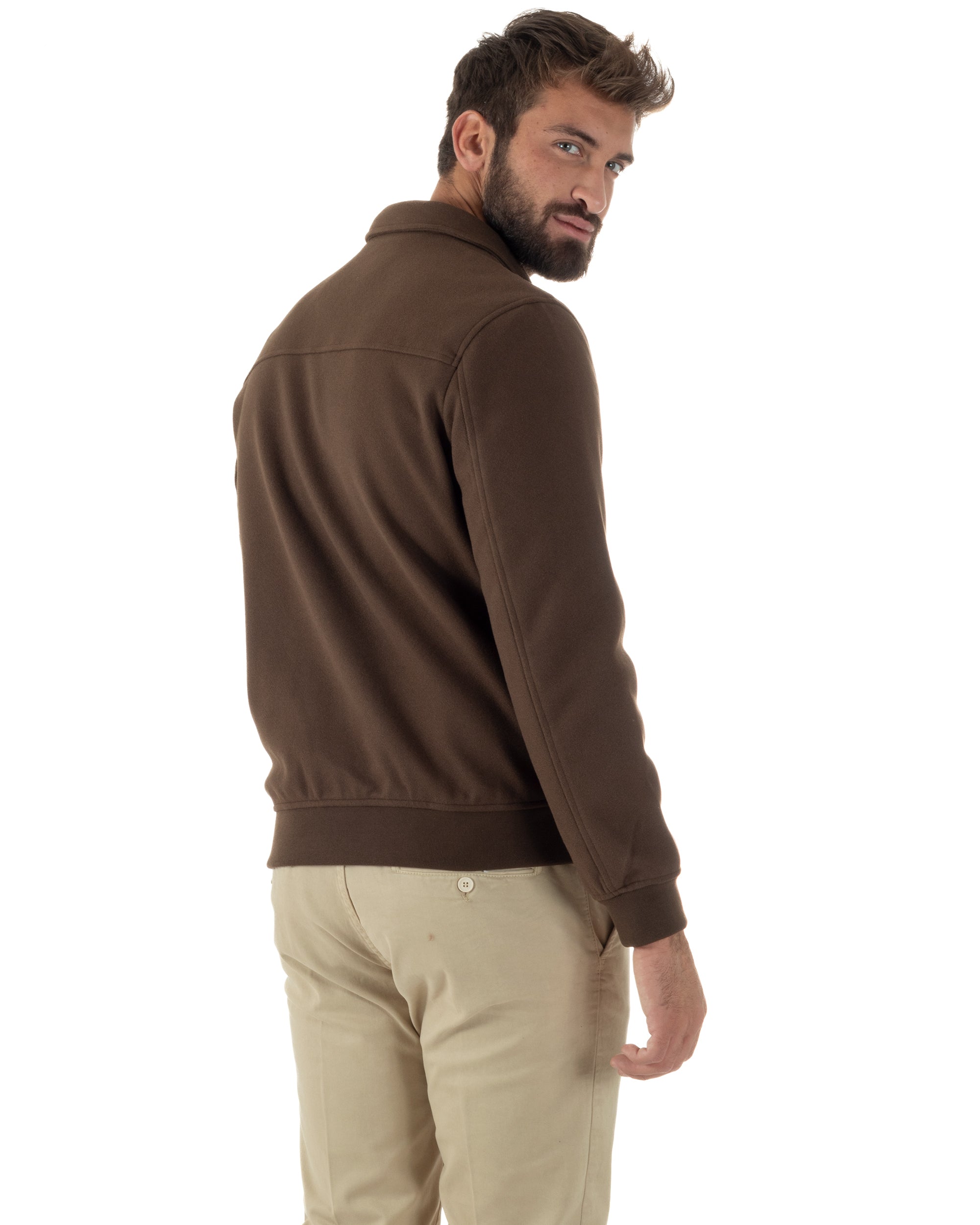 Giubbotto Uomo Zip Colletto Bomber Panno Marrone G3380A