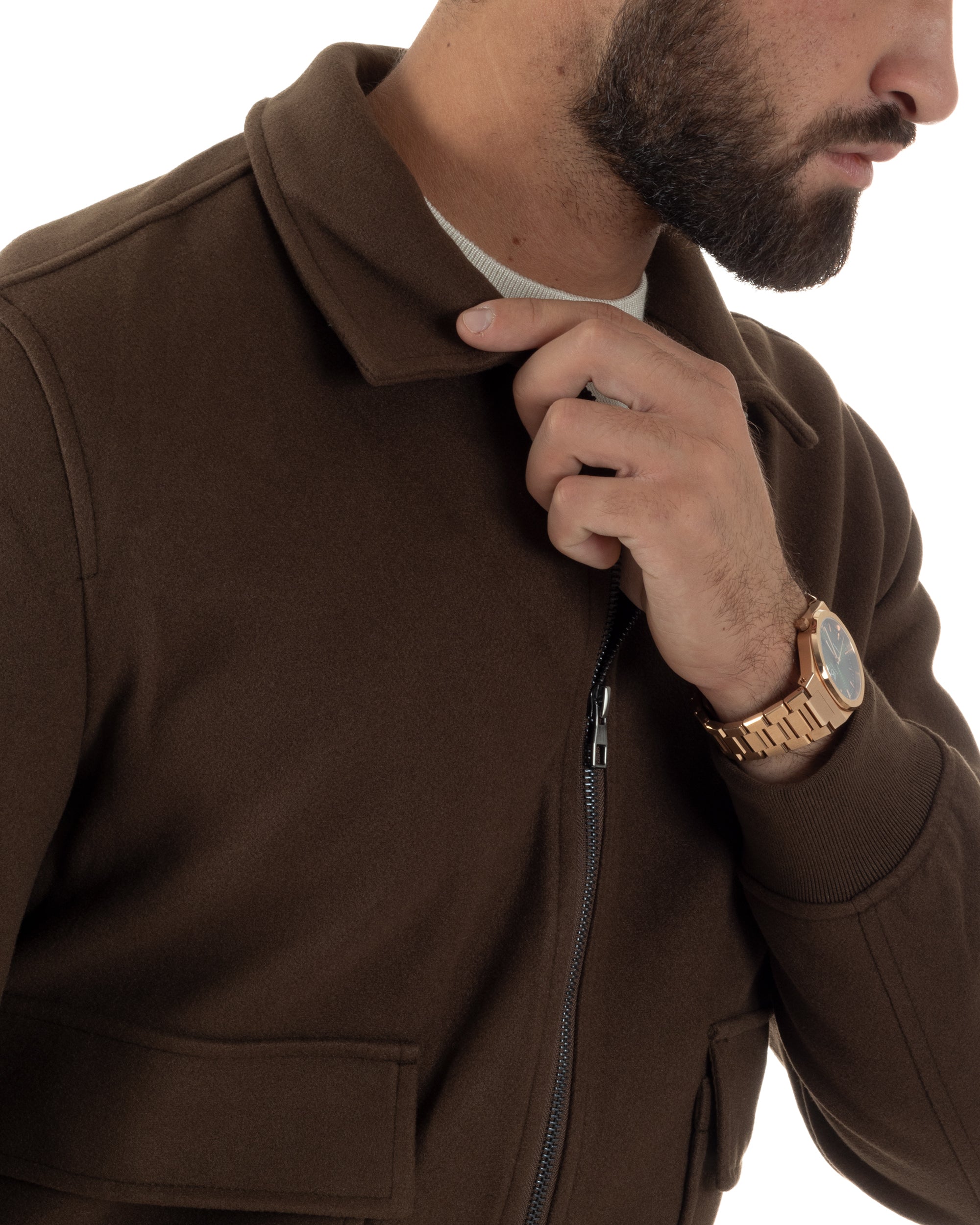 Giubbotto Uomo Zip Colletto Bomber Panno Marrone G3380A