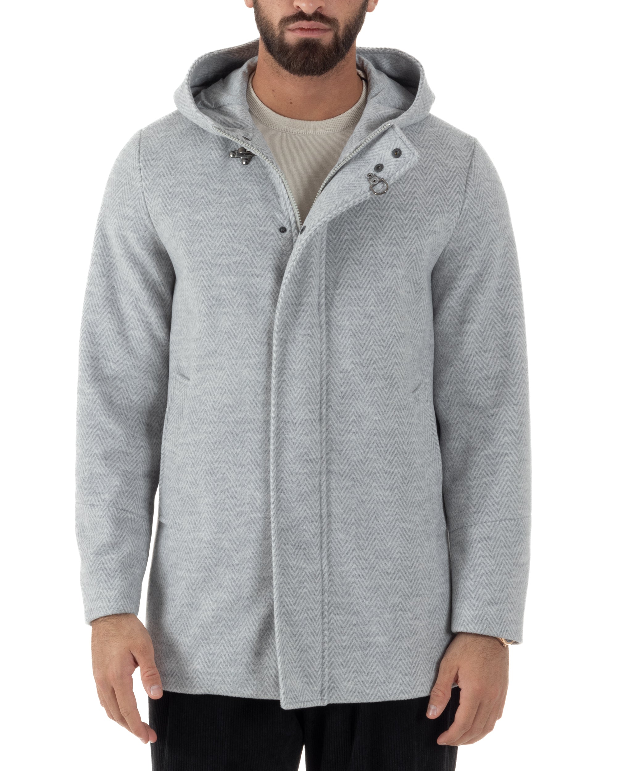 Cappotto Uomo Panno Spigato Cappuccio Zip Grigio BlackSunday CO1092A