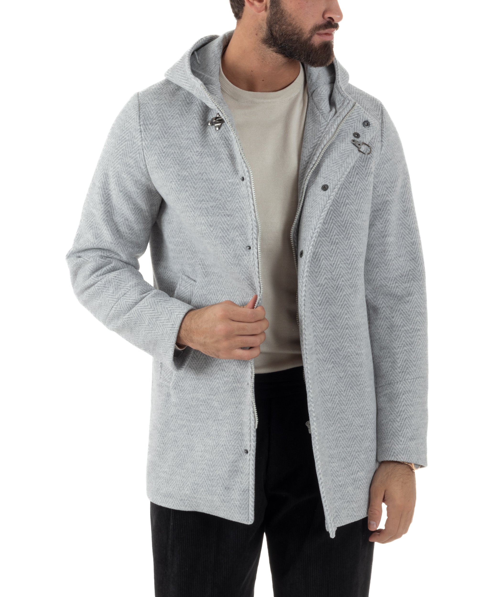 Cappotto Uomo Panno Spigato Cappuccio Zip Grigio BlackSunday CO1092A