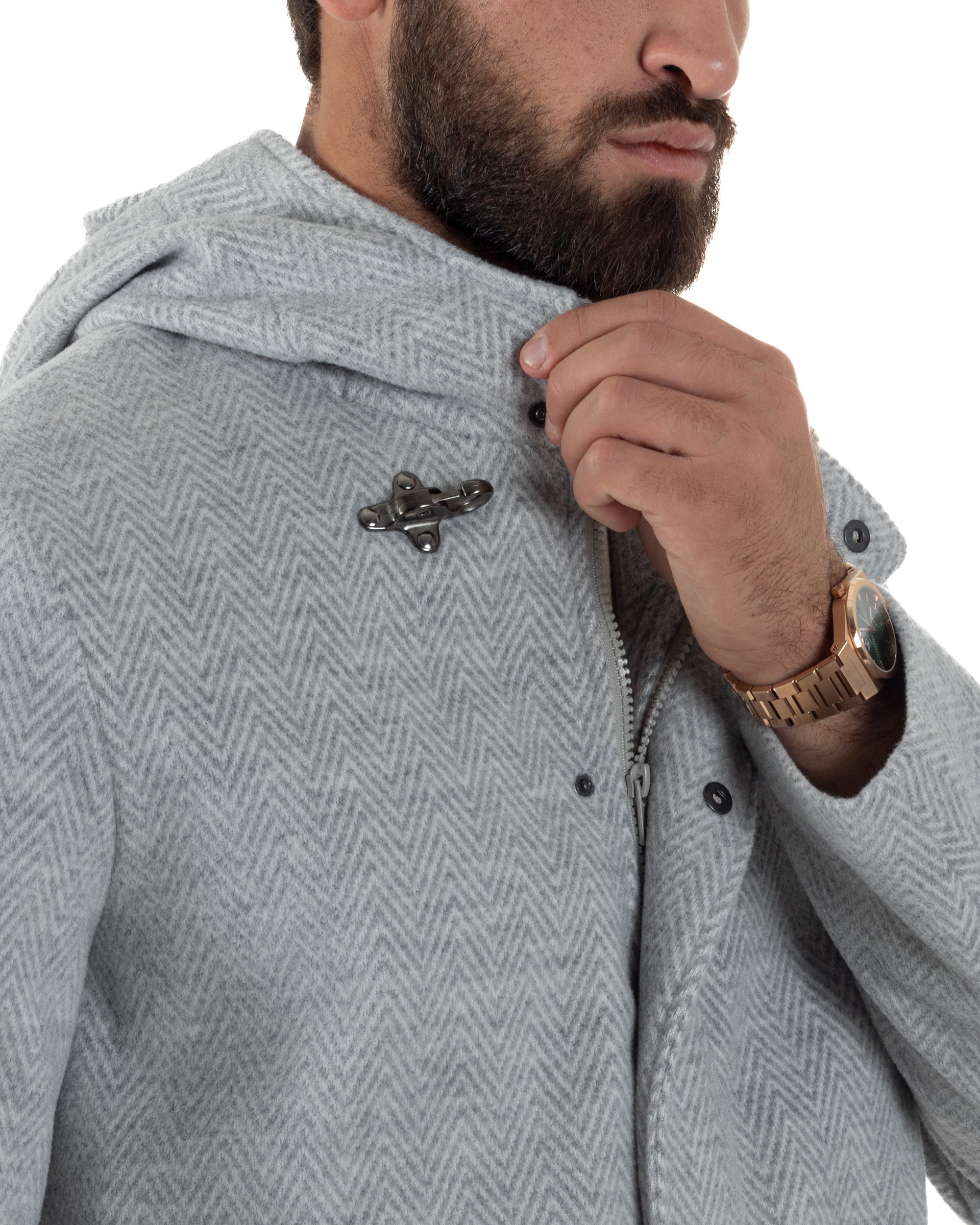 Cappotto Uomo Panno Spigato Cappuccio Zip Grigio BlackSunday CO1092A