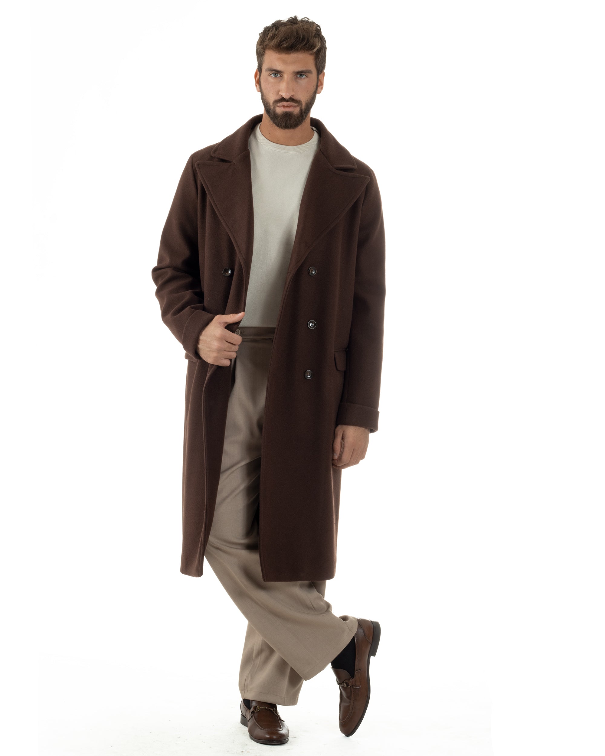 Cappotto Doppiopetto Uomo Oversize Giaccone Lungo Revers Ampi Marrone CO1093A
