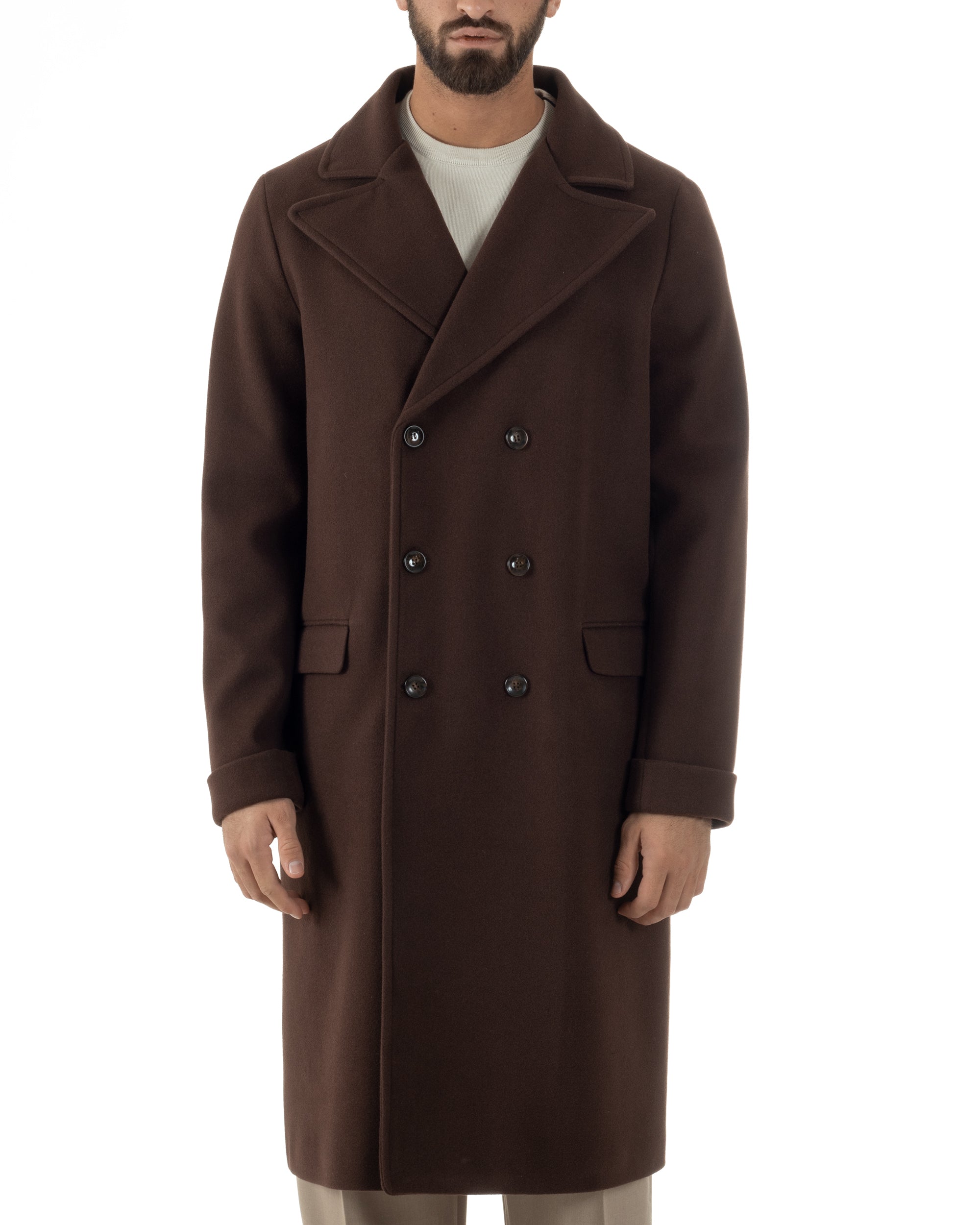 Cappotto Doppiopetto Uomo Oversize Giaccone Lungo Revers Ampi Marrone CO1093A