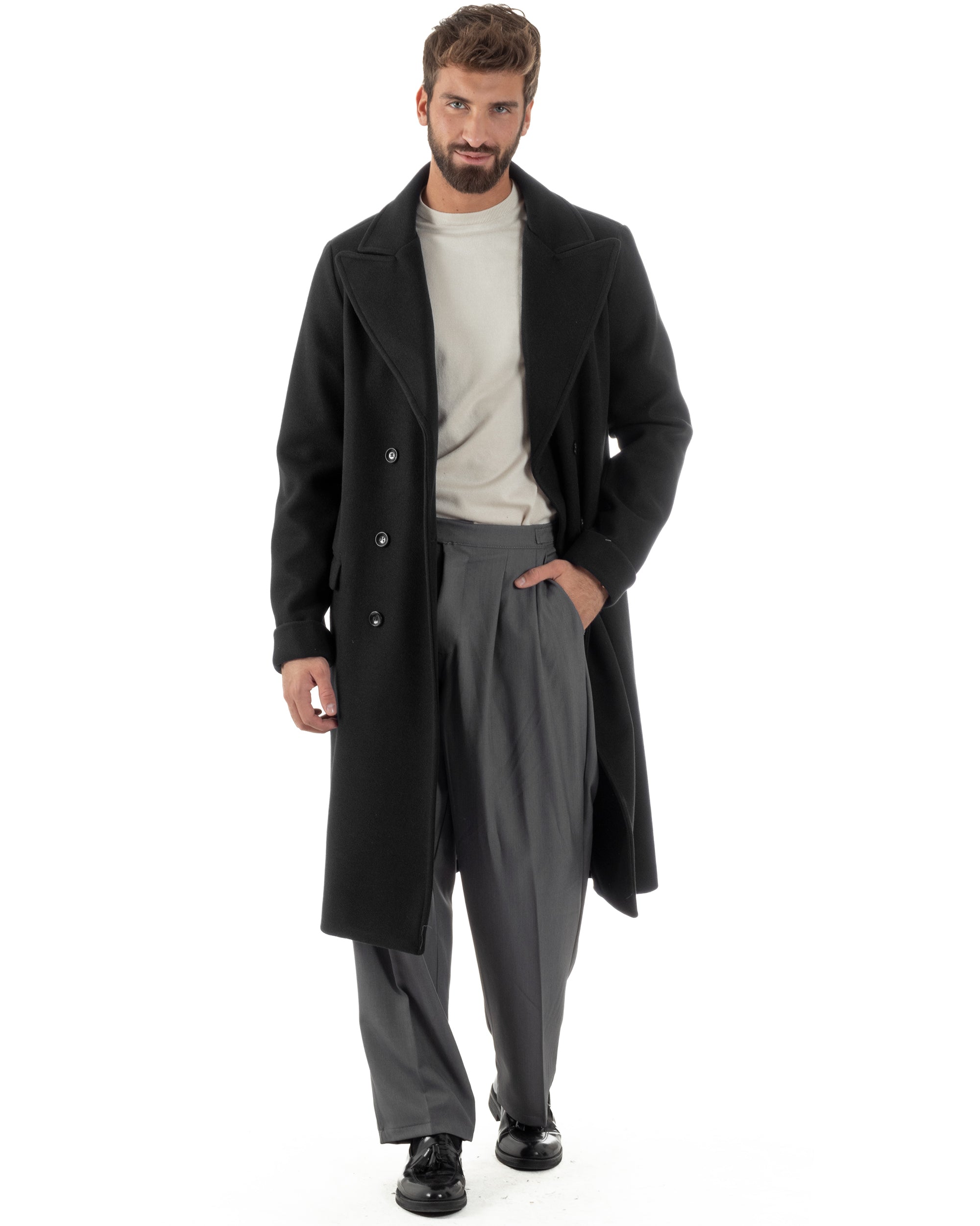 Cappotto Doppiopetto Uomo Oversize Giaccone Lungo Revers Ampi Nero CO1094A