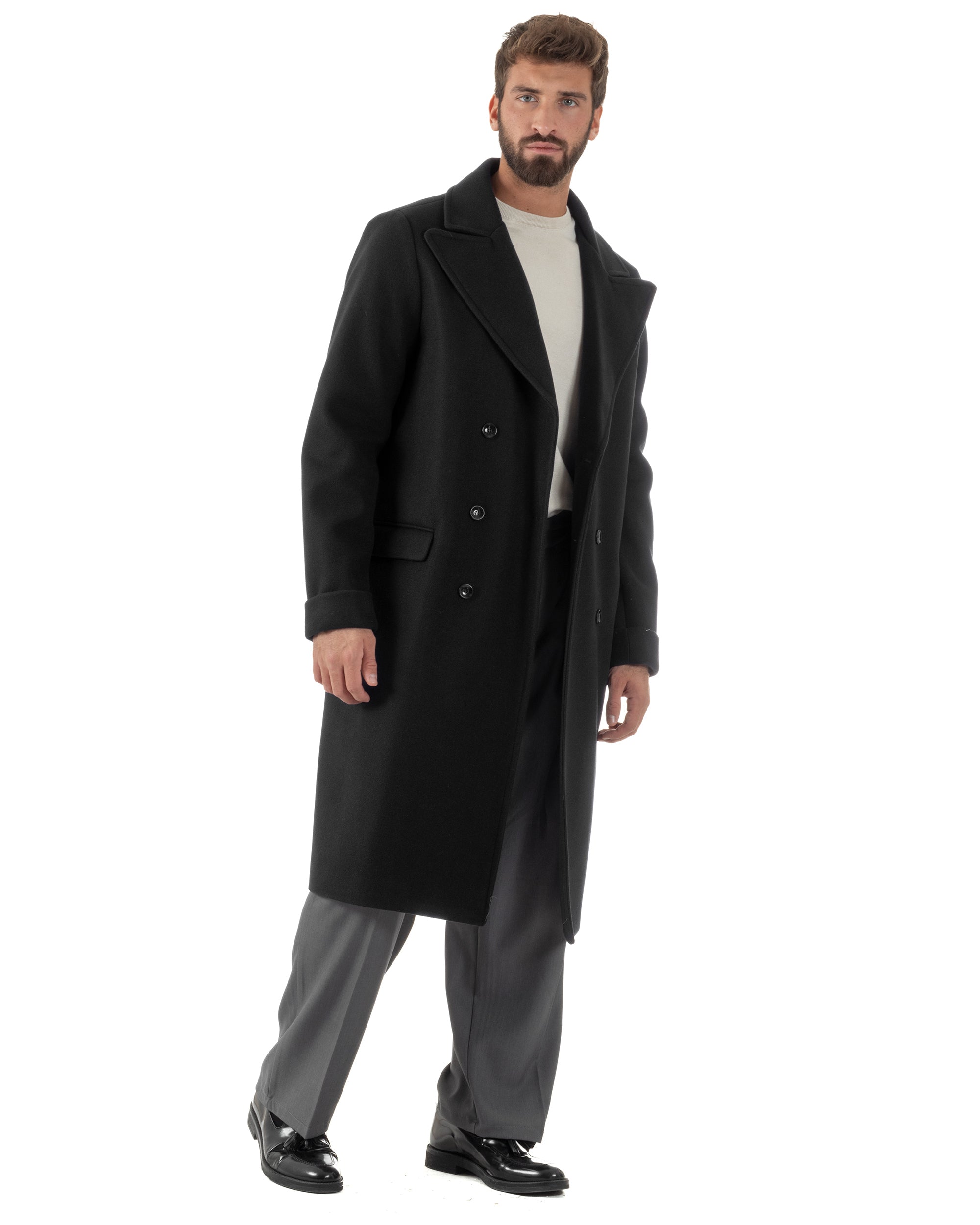 Cappotto Doppiopetto Uomo Oversize Giaccone Lungo Revers Ampi Nero CO1094A