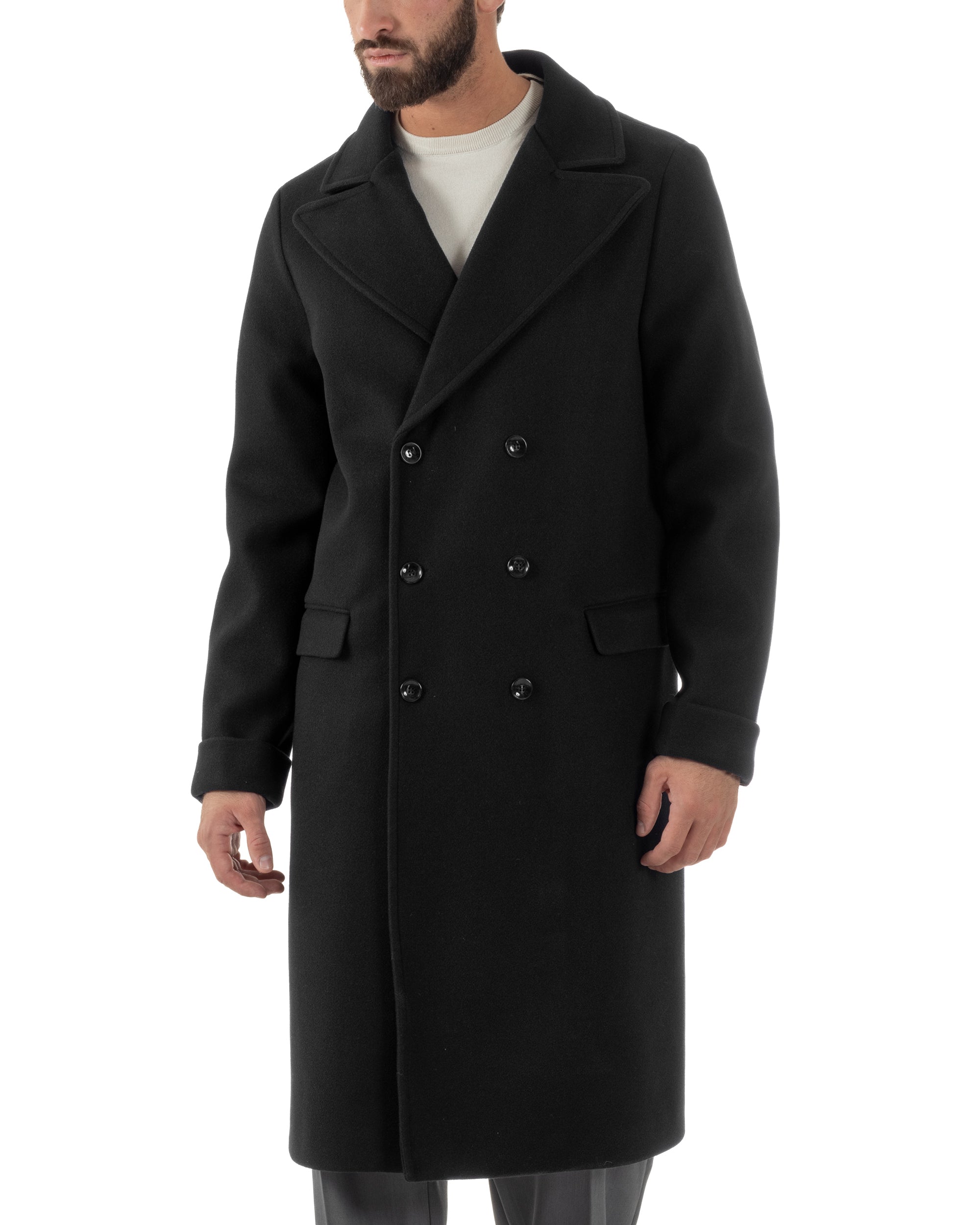 Cappotto Doppiopetto Uomo Oversize Giaccone Lungo Revers Ampi Nero CO1094A