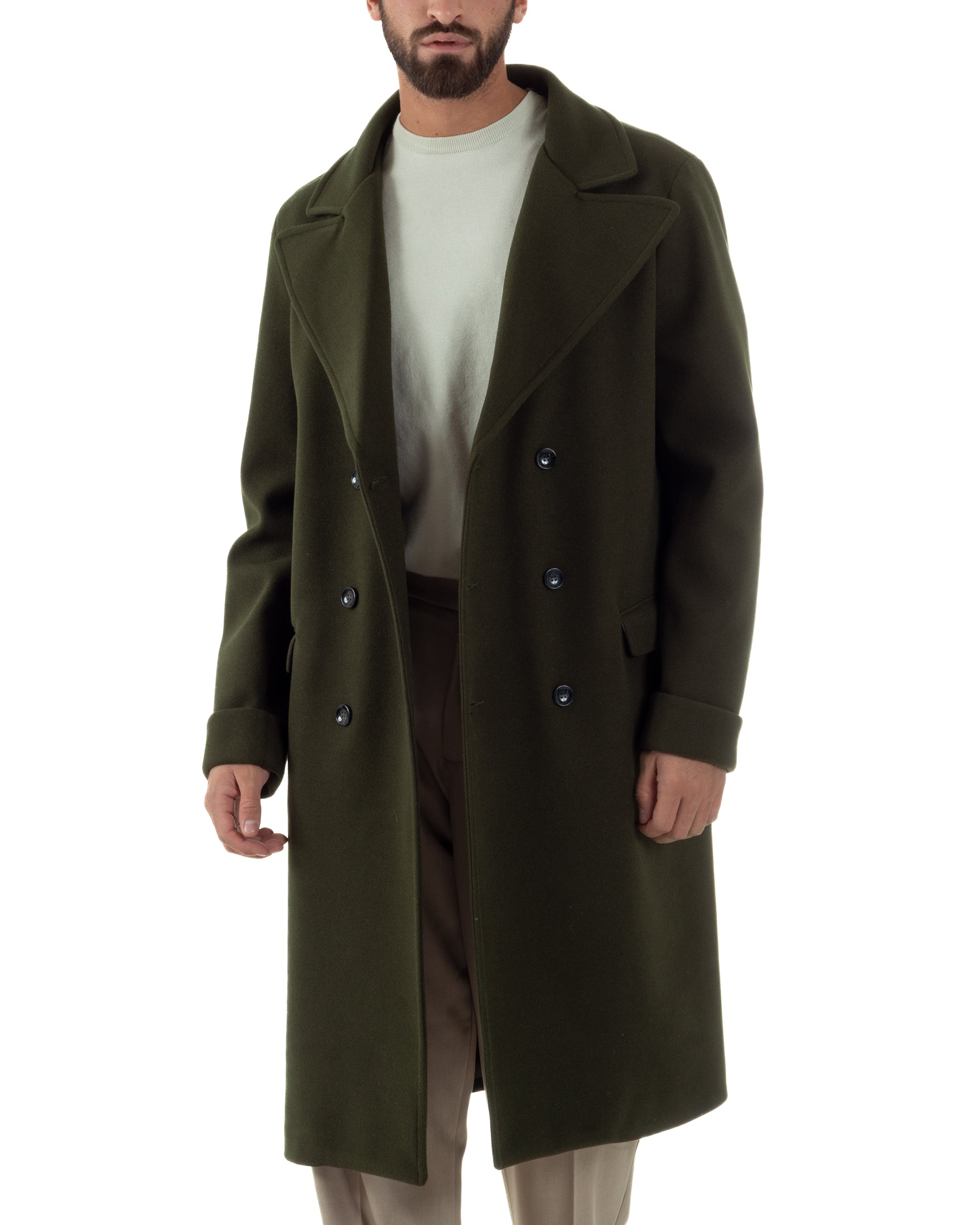 Cappotto Doppiopetto Uomo Oversize Giaccone Lungo Revers Ampi Verde CO1095A