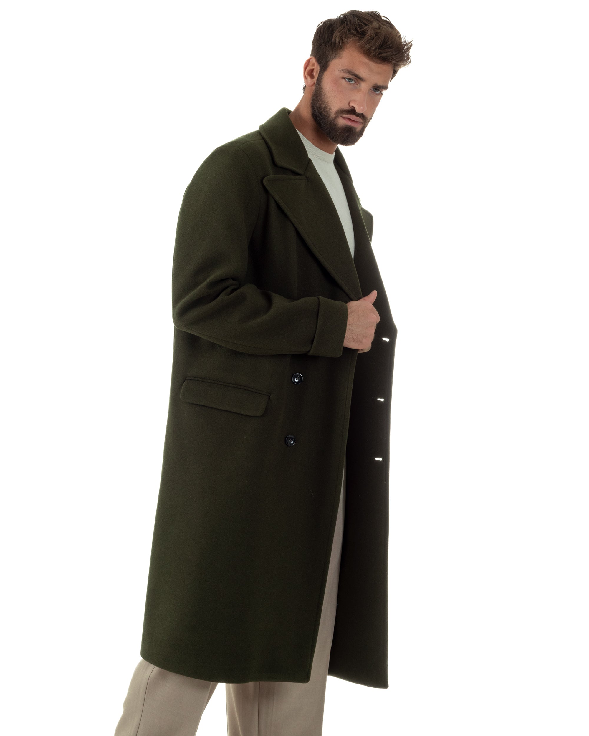Cappotto Doppiopetto Uomo Oversize Giaccone Lungo Revers Ampi Verde CO1095A