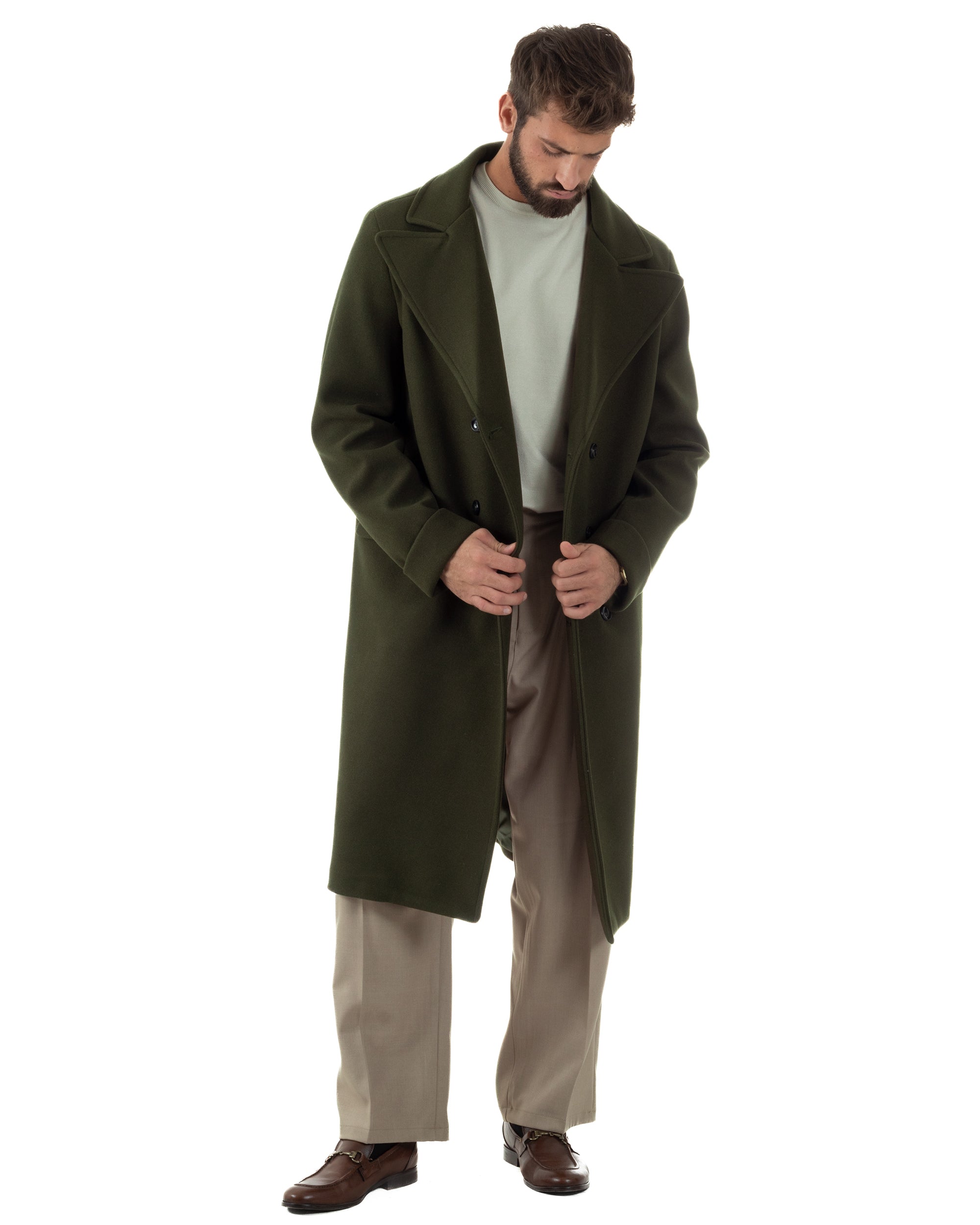 Cappotto Doppiopetto Uomo Oversize Giaccone Lungo Revers Ampi Verde CO1095A