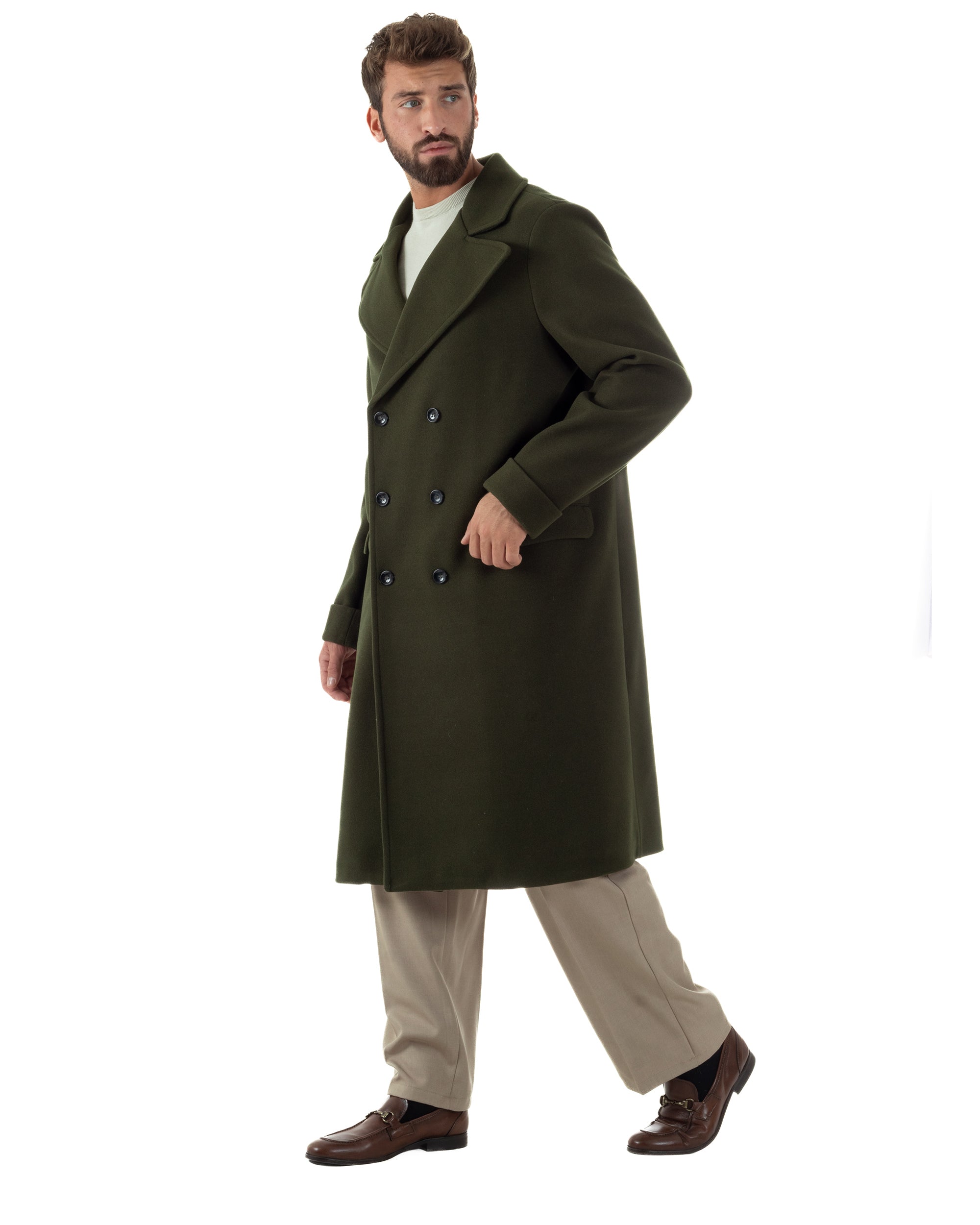 Cappotto Doppiopetto Uomo Oversize Giaccone Lungo Revers Ampi Verde CO1095A