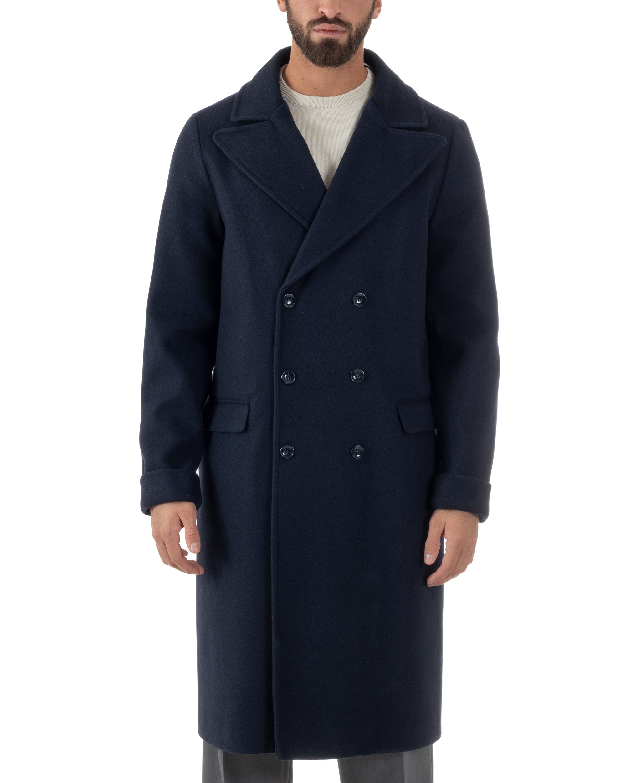 Cappotto Doppiopetto Uomo Oversize Giaccone Lungo Revers Ampi Blu CO1096A