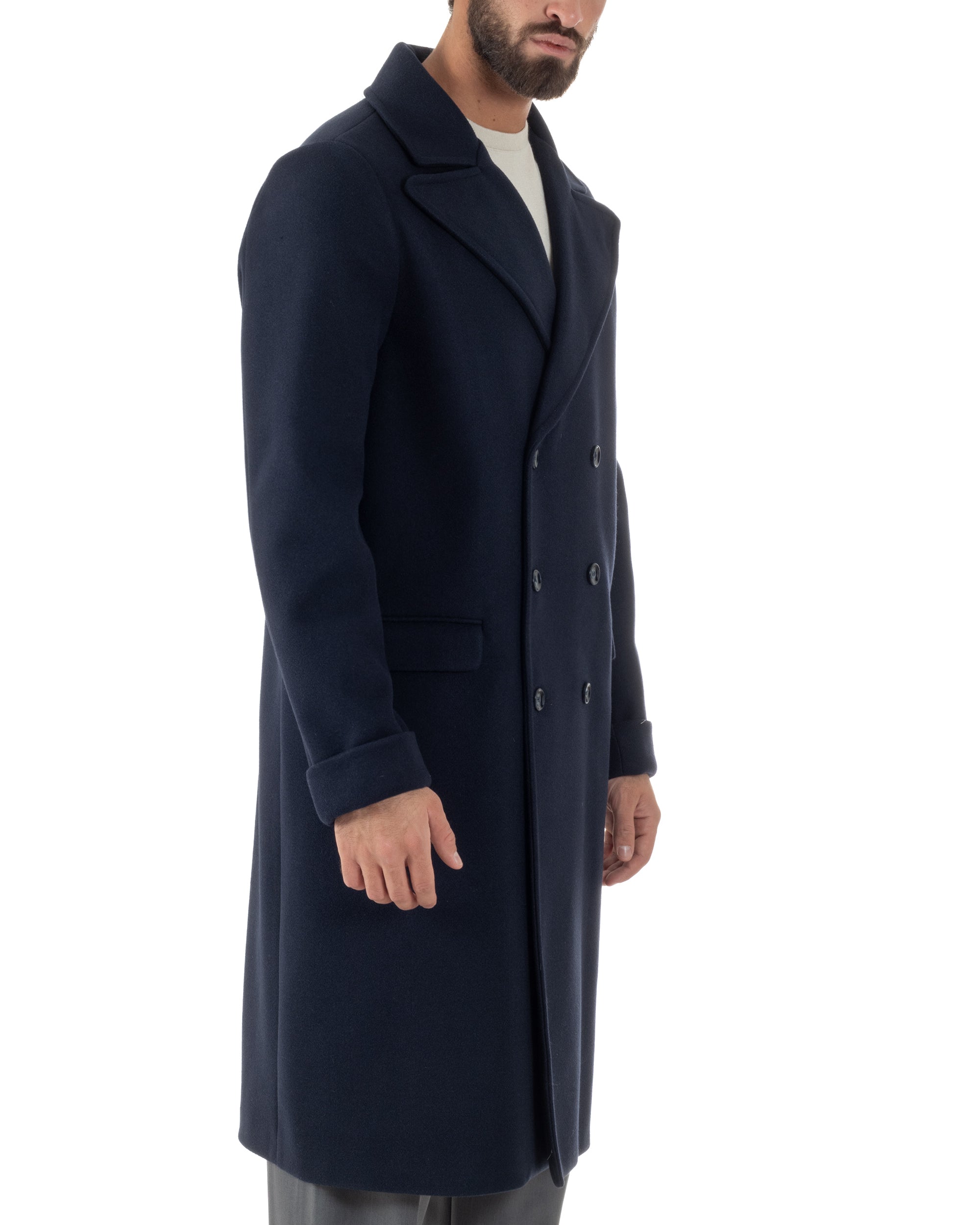 Cappotto Doppiopetto Uomo Oversize Giaccone Lungo Revers Ampi Blu CO1096A