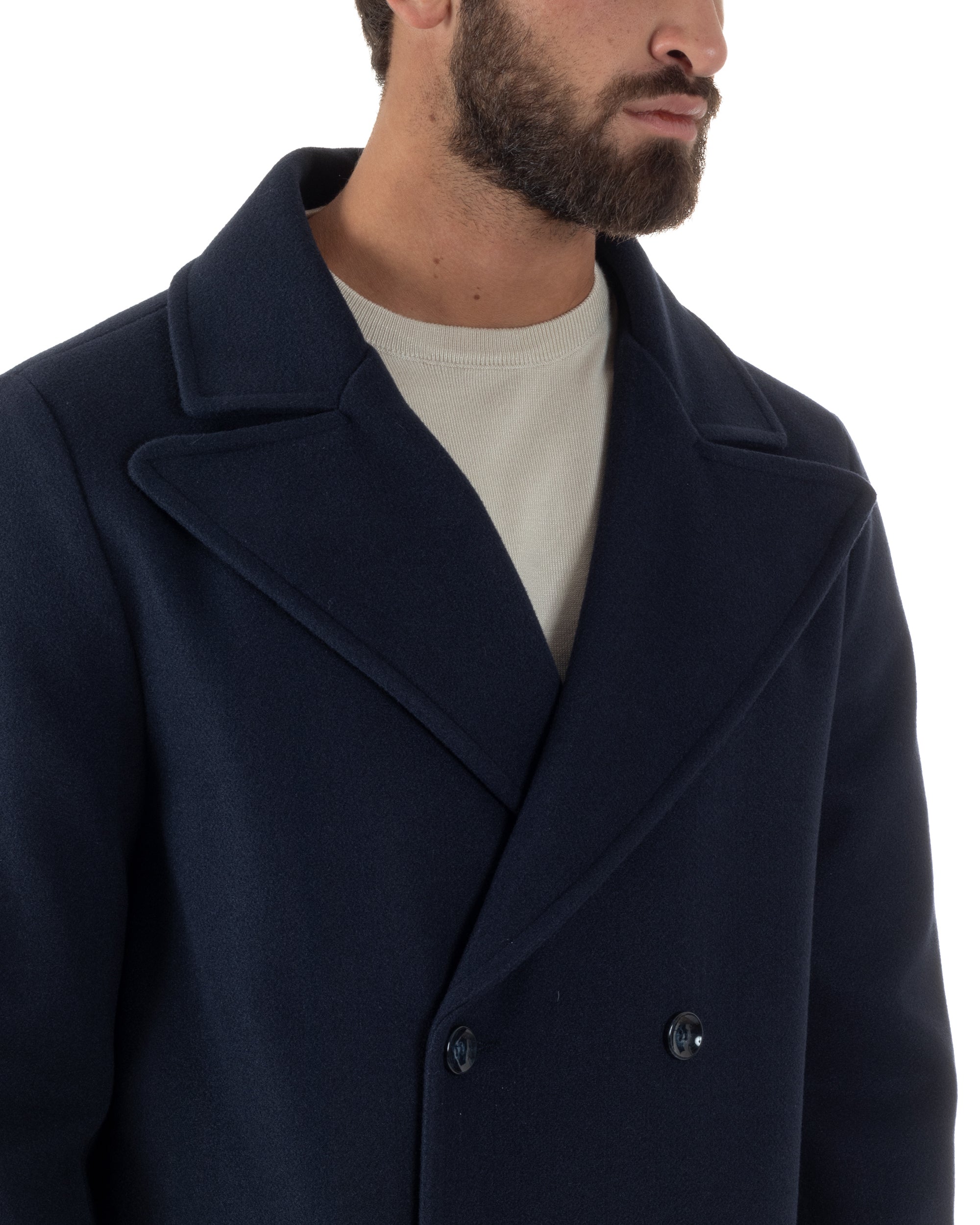 Cappotto Doppiopetto Uomo Oversize Giaccone Lungo Revers Ampi Blu CO1096A