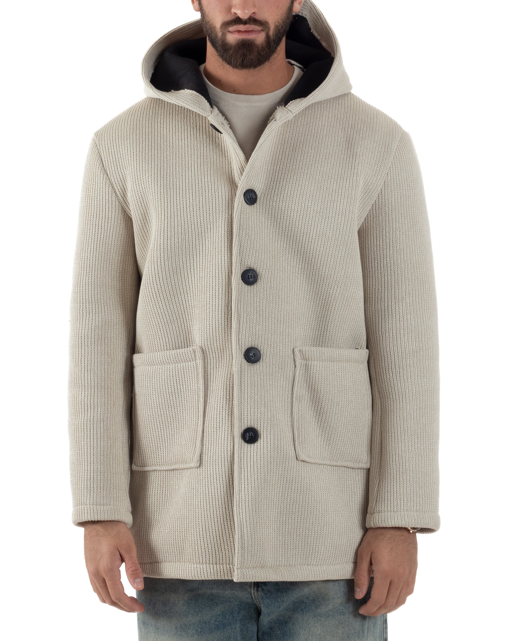 Cappotto Uomo Monopetto Cappuccio Maglia A Coste Beige CO1097A