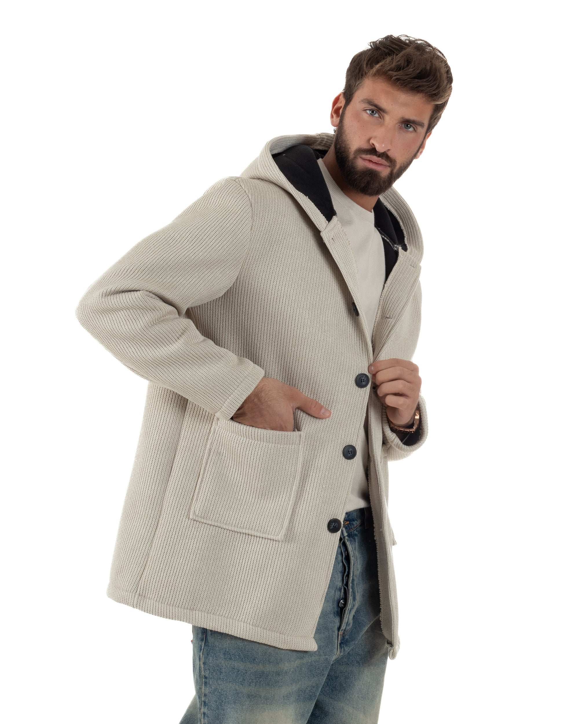 Cappotto Uomo Monopetto Cappuccio Maglia A Coste Beige CO1097A
