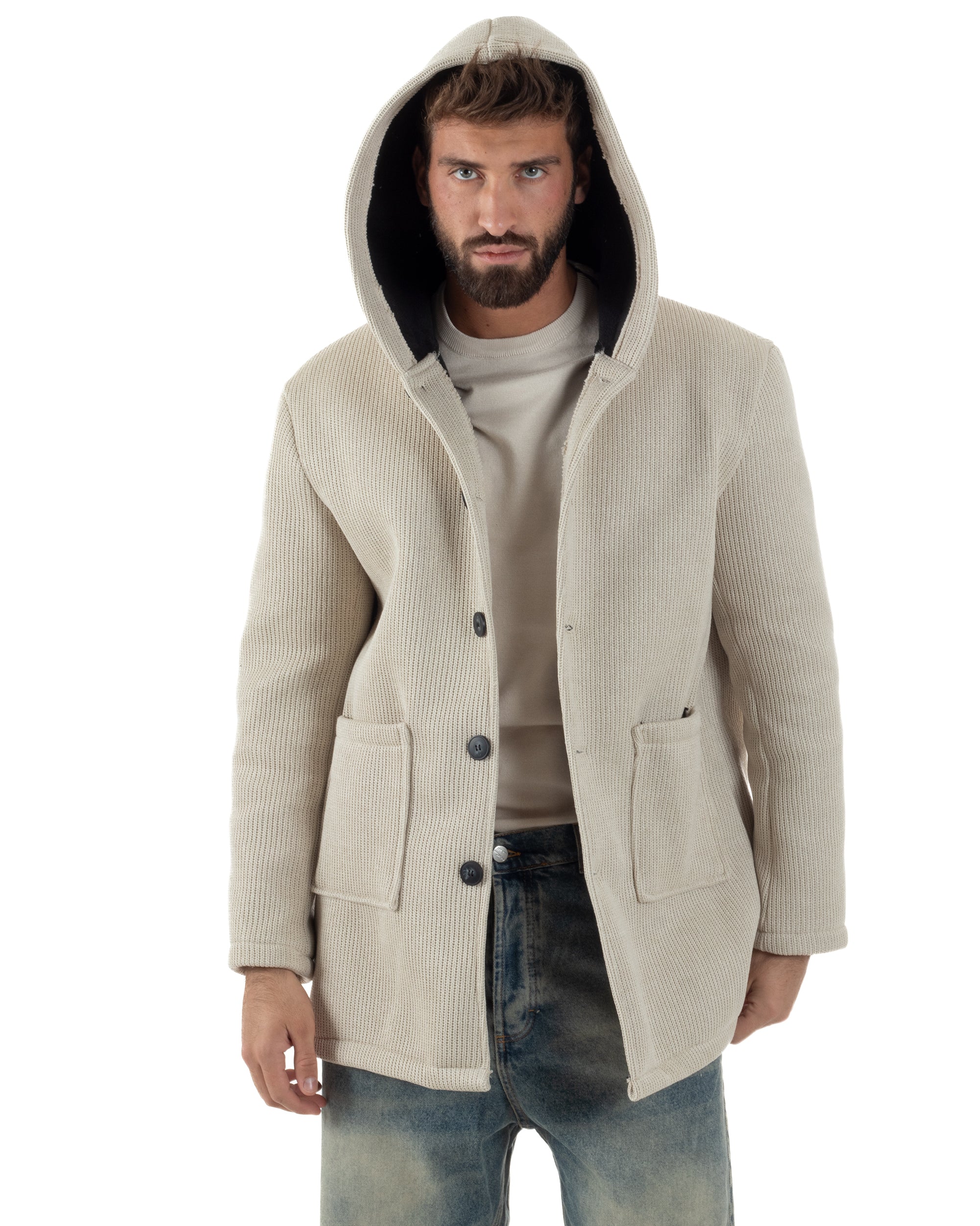 Cappotto Uomo Monopetto Cappuccio Maglia A Coste Beige CO1097A